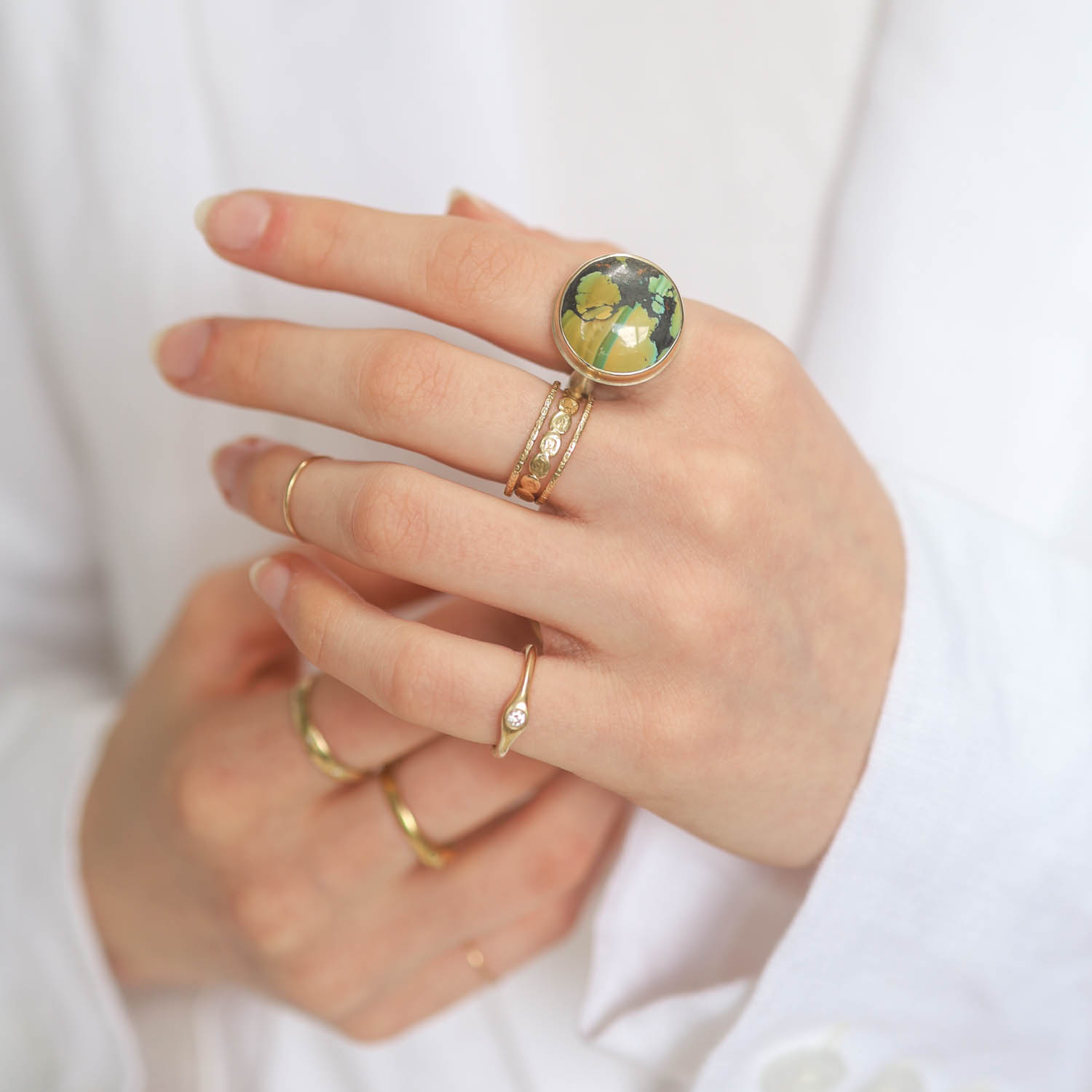 Jamie Joseph: HUBEI TURQUOISE SS & 14k gold ring with small round on Middle Groovy Band, sz 7 1/2, 11/16" in diameter