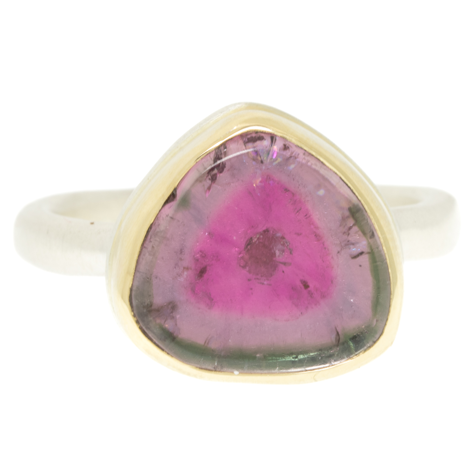 Jamie Joseph: WATERMELON TOURMALINESterling & 14K Gold Ring w/ Small Slice on Middle Organic Band
