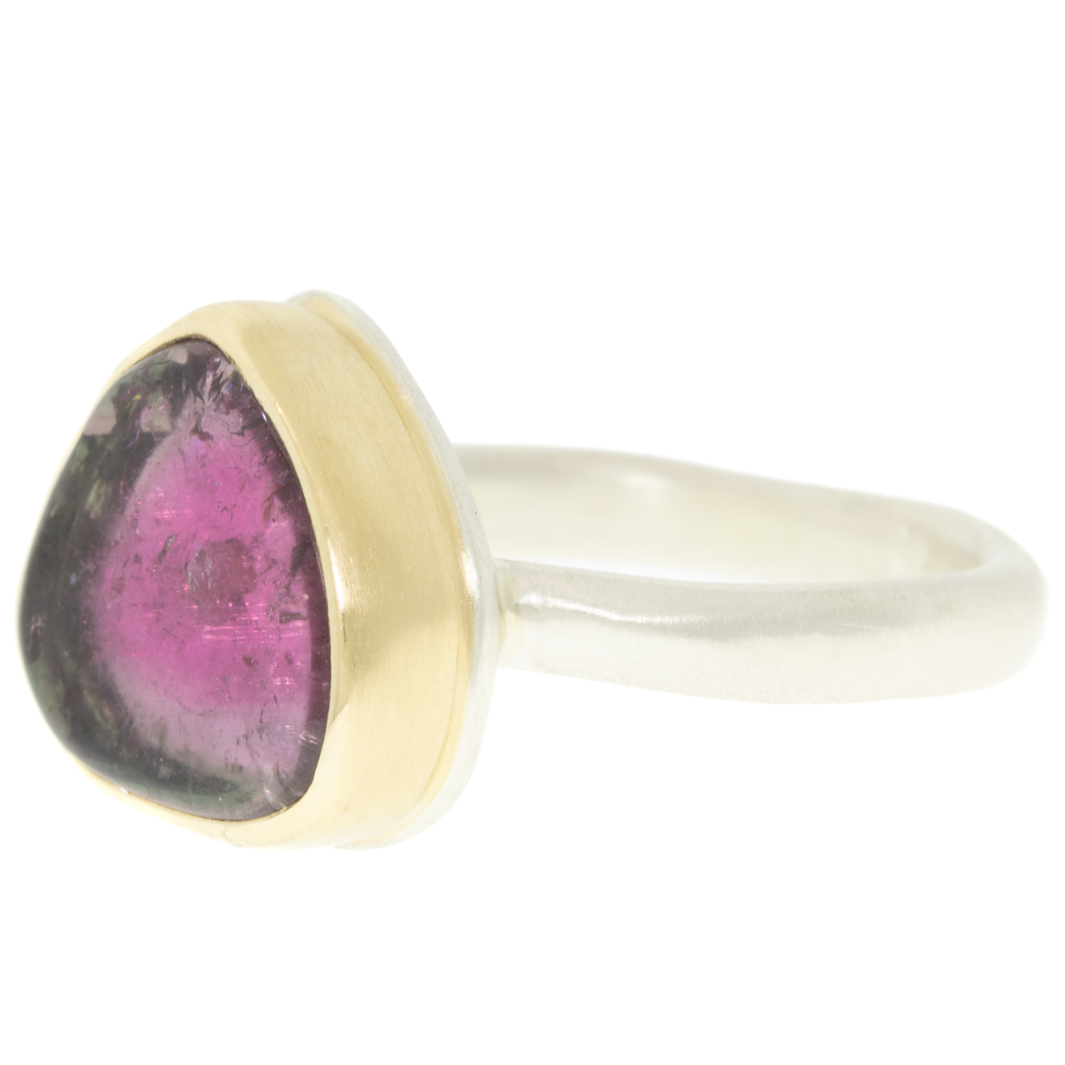 Jamie Joseph: WATERMELON TOURMALINESterling & 14K Gold Ring w/ Small Slice on Middle Organic Band
