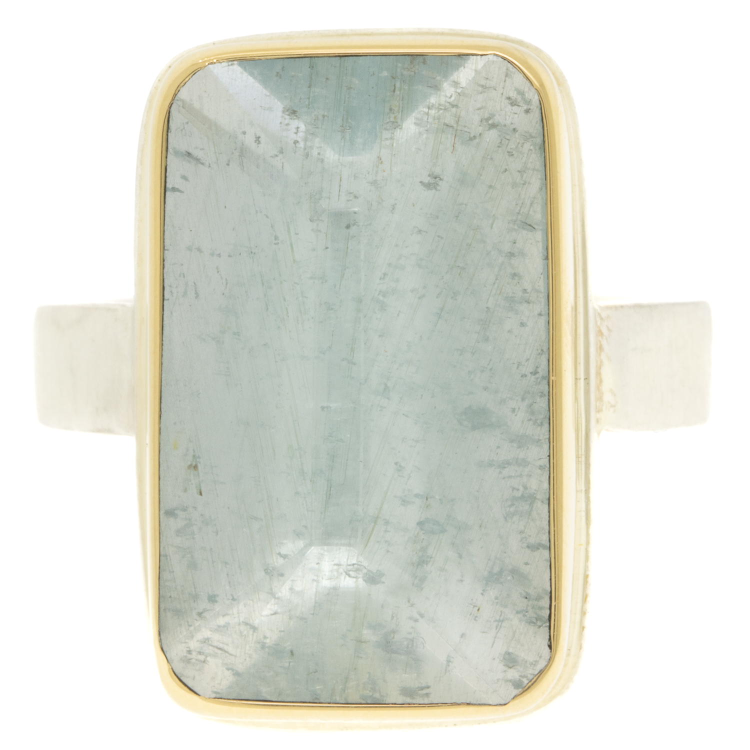 Jamie Joseph: Aquamarine SS & 14k gold ring with Vertical Rectangular Inverted on Y Band, sz 6 3/4, 3/4" x 7/16"