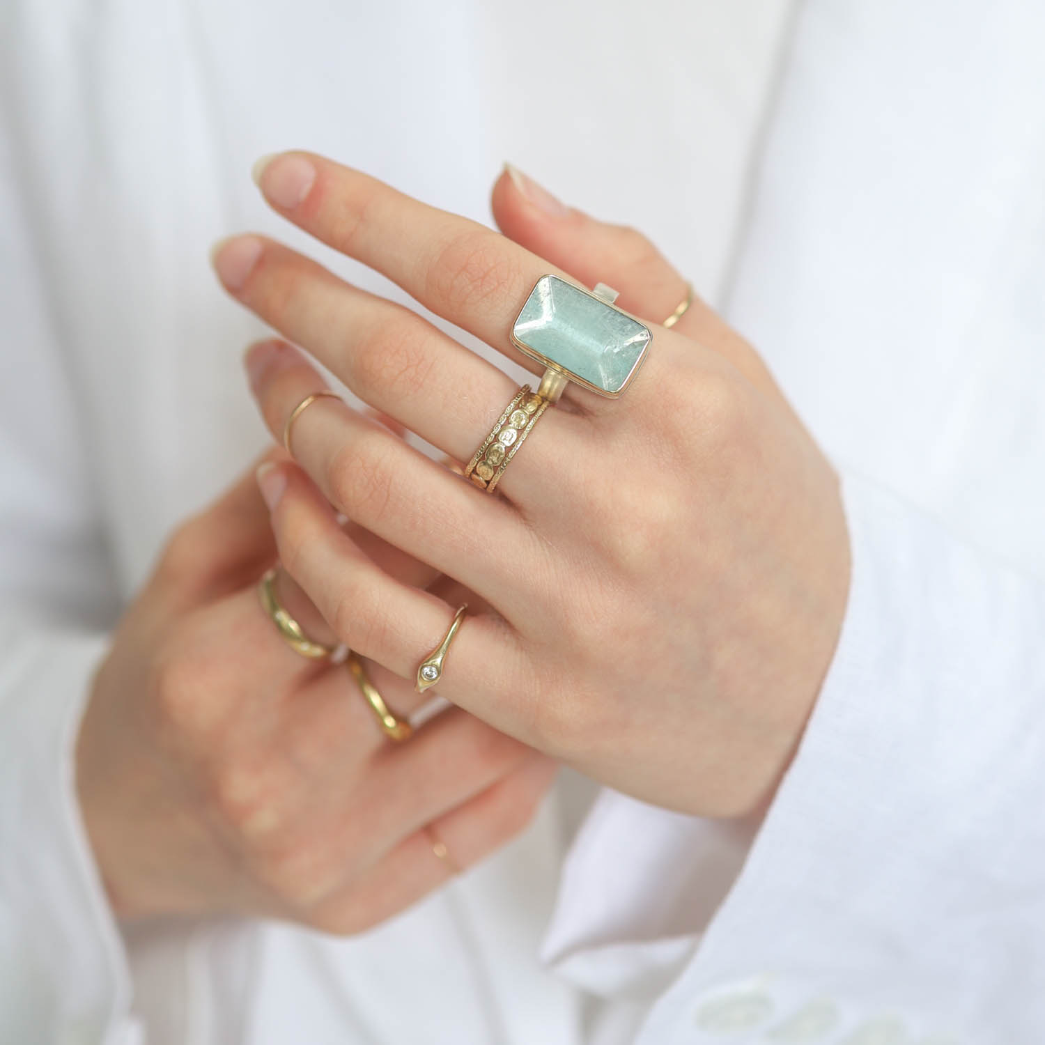 Jamie Joseph: Aquamarine SS & 14k gold ring with Vertical Rectangular Inverted on Y Band, sz 6 3/4, 3/4" x 7/16"