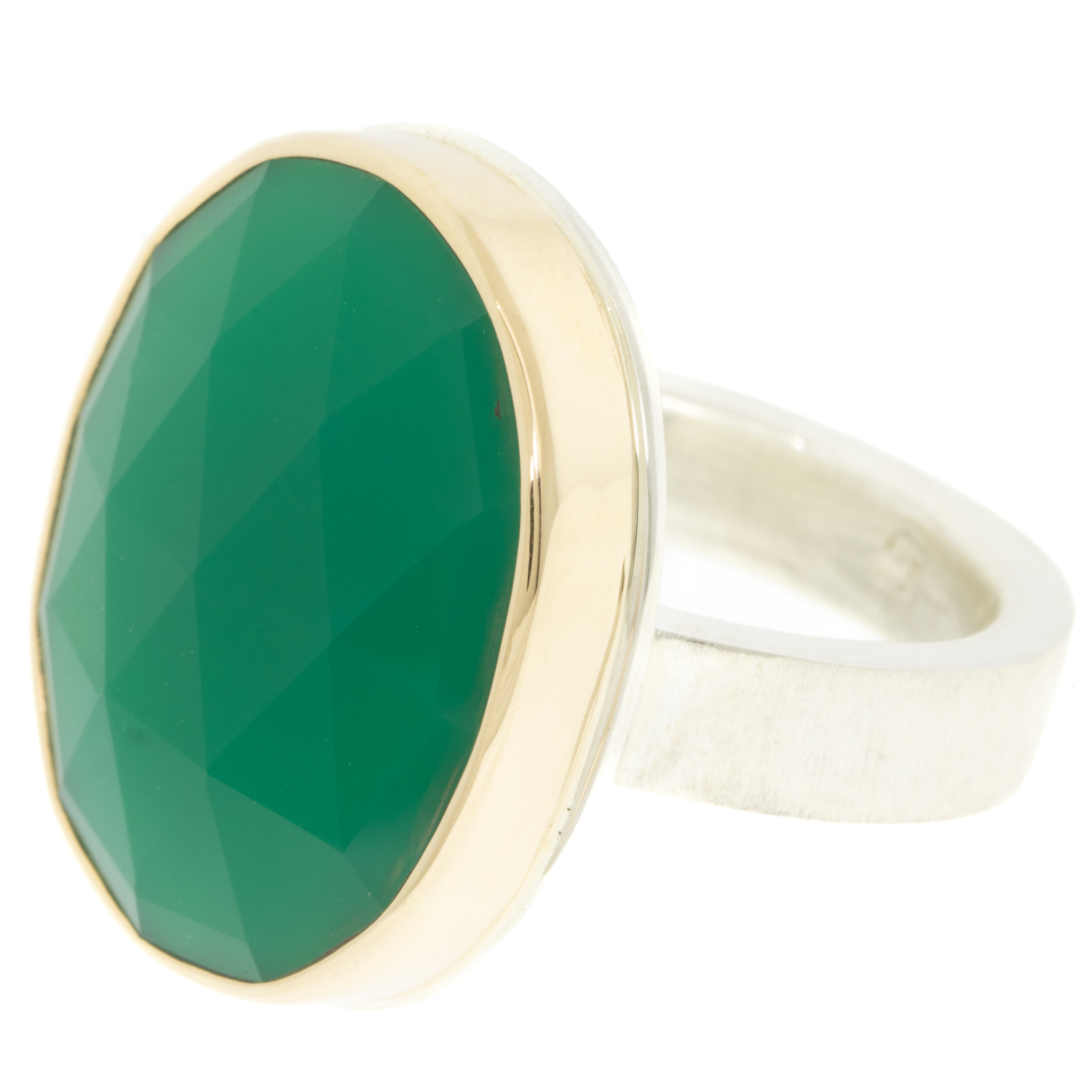 Jamie Joseph: GREEN ONYX Sterling & 14K Gold Ring w/ Vertical Oval Rose Cut on Y Band size 8, 7/8" x 11/16"