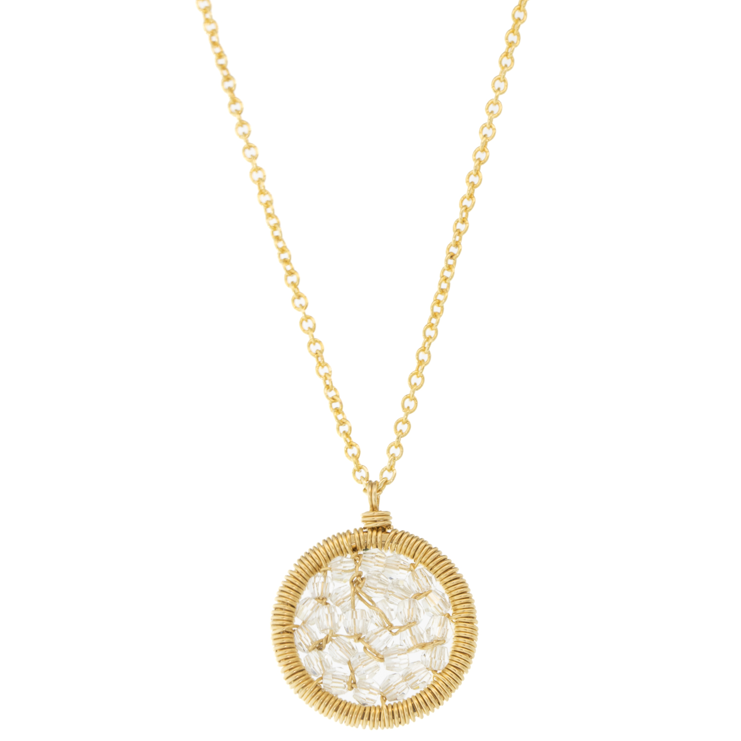 Dana Kellin : Necklace ,Small round clear crystal pendant, gold filled chain, 5/8" x 1/2" including bail, 16"