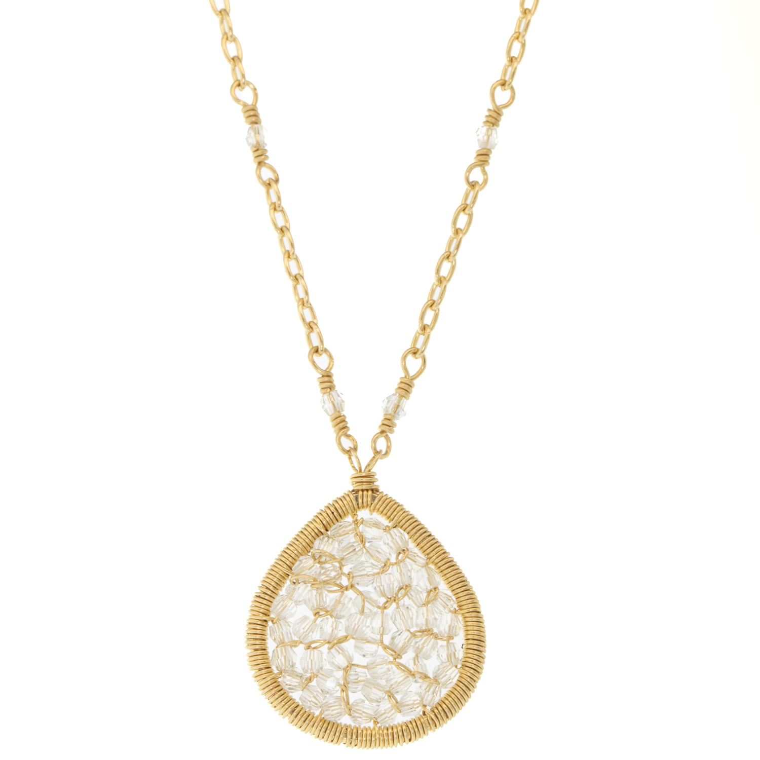Dana Kellin : Necklace ,Tear drop clear crystal pendant,gold filled chain with crystals, 3/4" x 5/8" no bail, 17"
