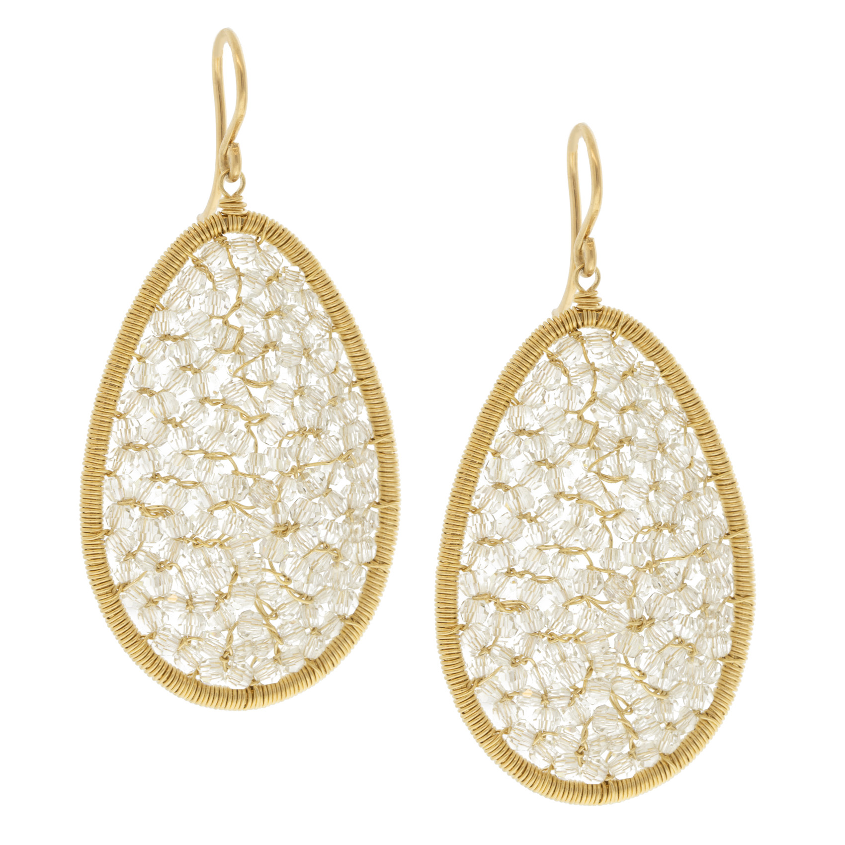 Dana Kellin: Earrings,Dangles,14K Gold fill, Rounded large tear drop shape ,Clear crystals, 1 13/16" x 7/8"