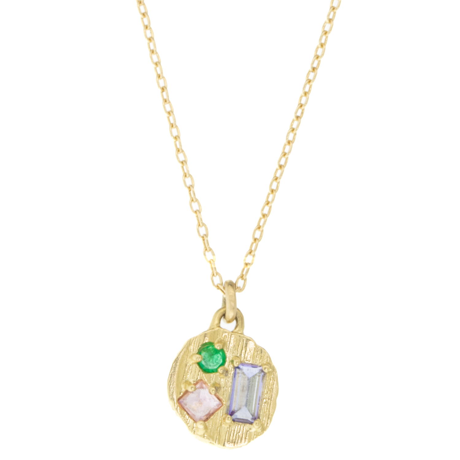 Lio & Linn: Round collage necklace with tanzanite, emerald, pink sapphire, chain measures 16", pendant measueres 7/16" x 5/16" including bail