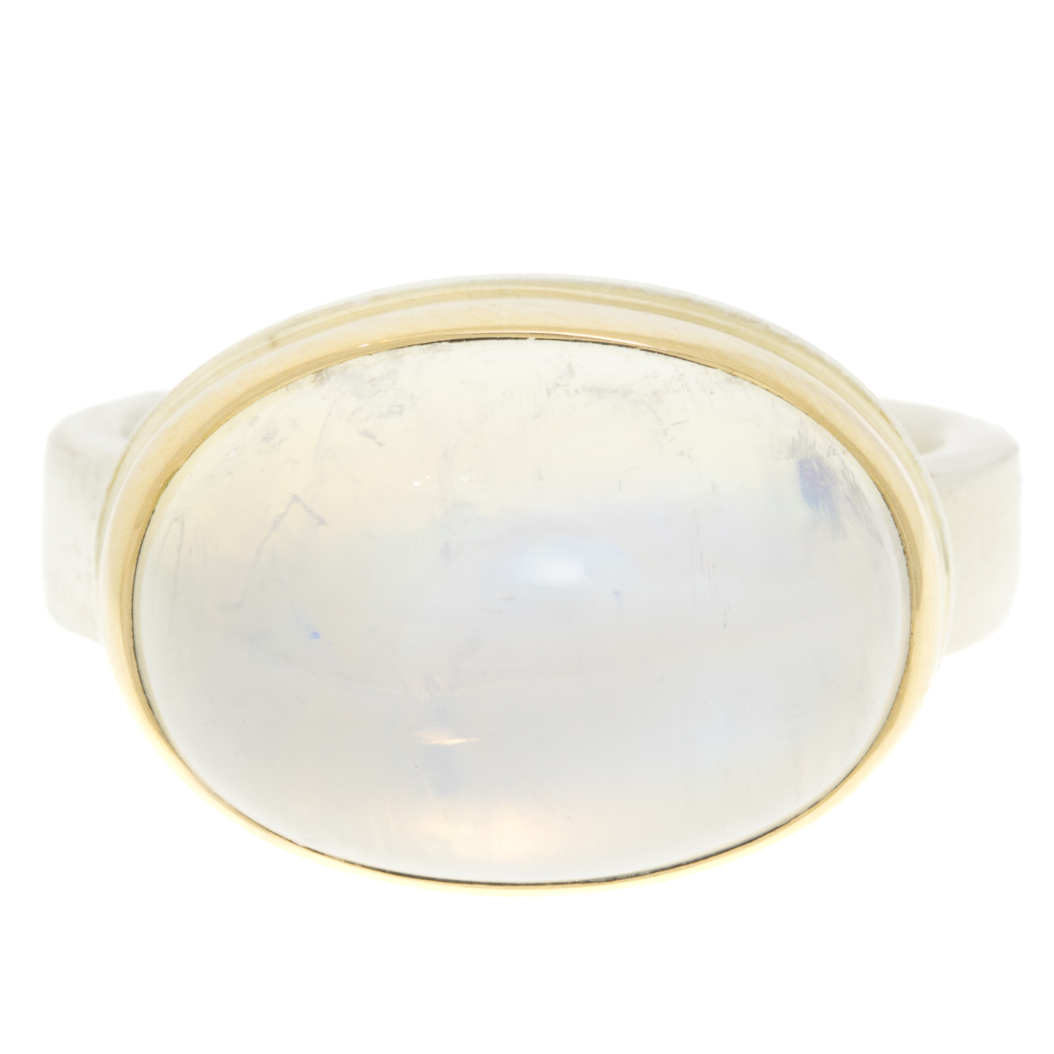 Jamie Joseph: WHITE RAINBOW MOONSTONE SS & 14k gold w/ oval smooth on Y band size 7, 7/16" x 11/16"