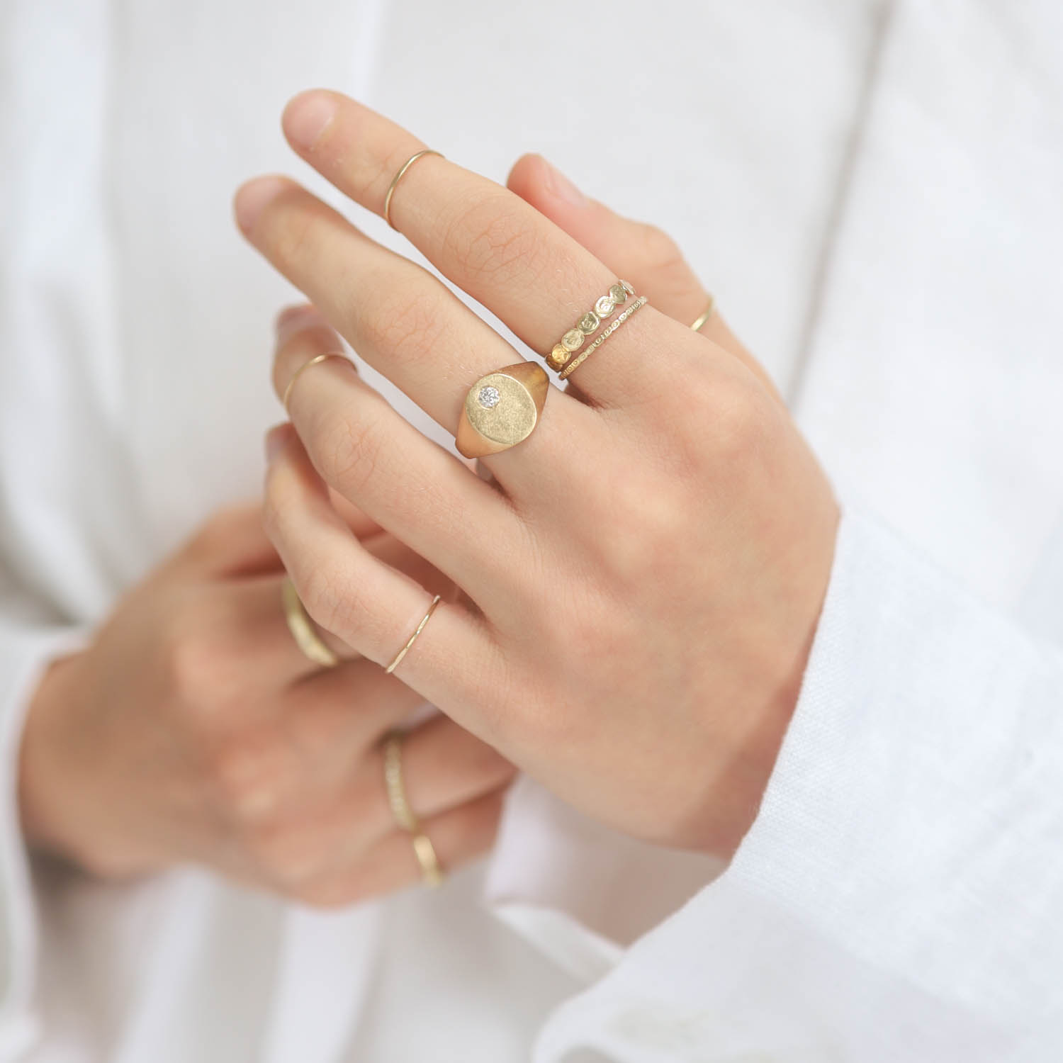 Shaesby: Ring, Luna Signet Ring, size 6 diamond, 14K gold 7/16" x 3/8"