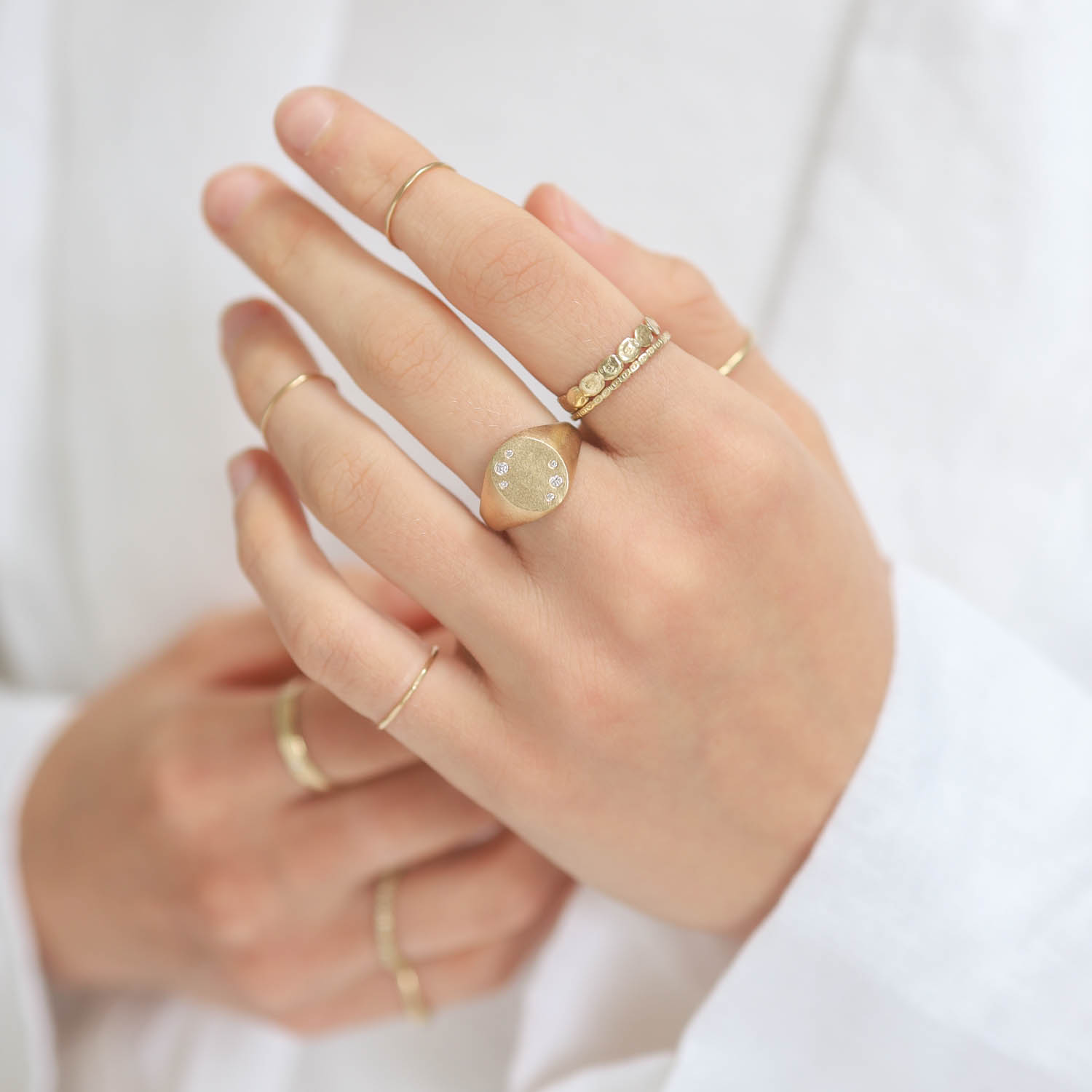 Shaesby: Ring, Starlight Signet Ring, size 6 diamond, 14K gold 7/16" x 3/8"