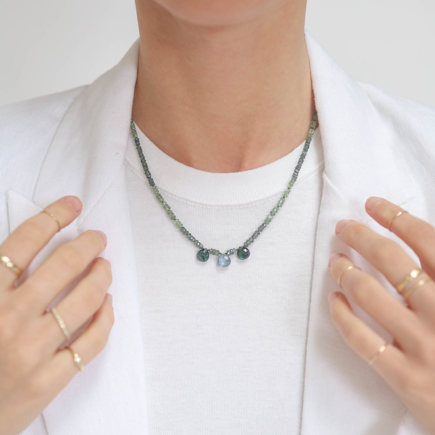 Alison Shiboski: 18kyg Green Sapphire Beads with Sapphire Briolettes