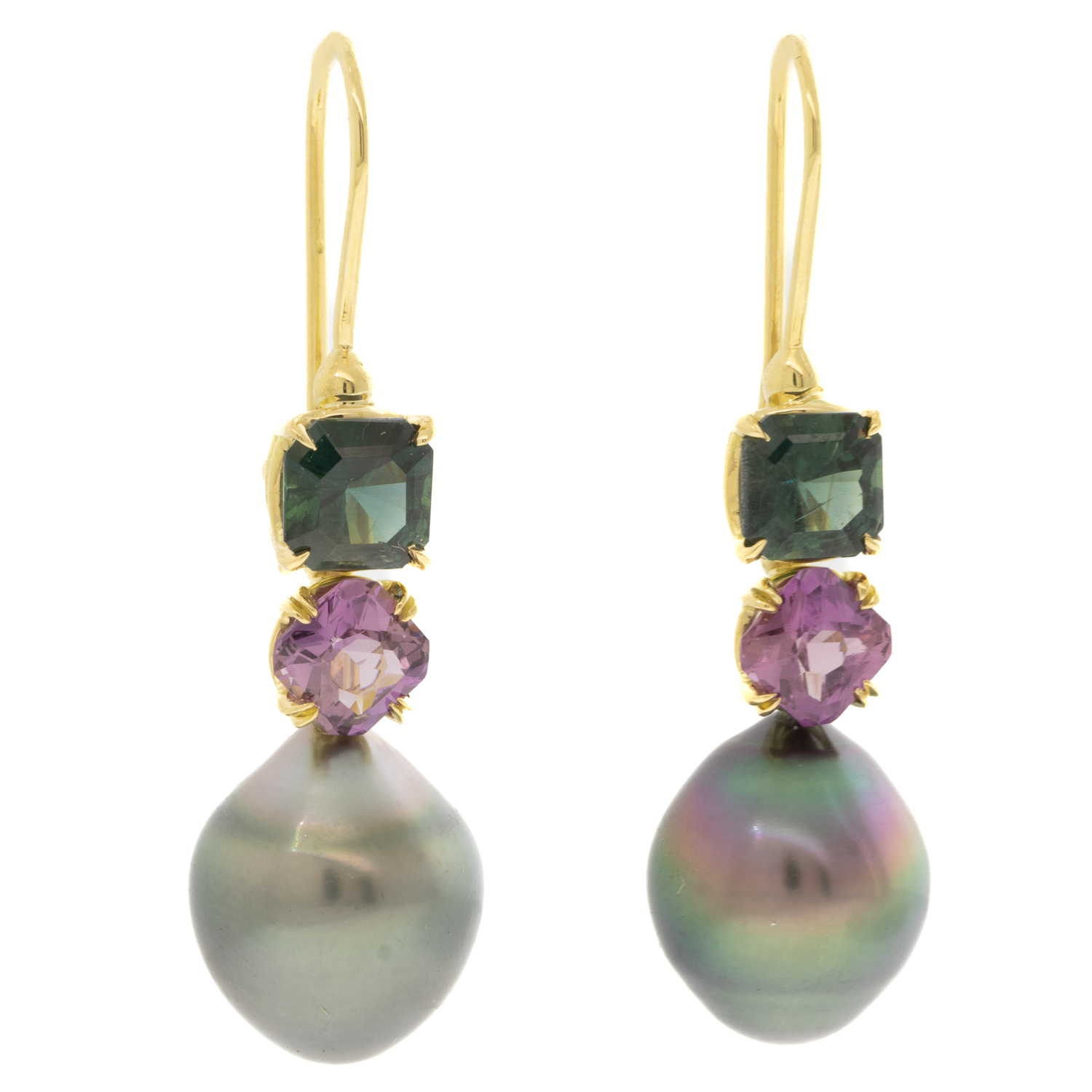 Alison Shiboski: Green and Pink Sapphire earrings with Tahitian pearls,1.75ct Pink,2.40 ct Green,18k