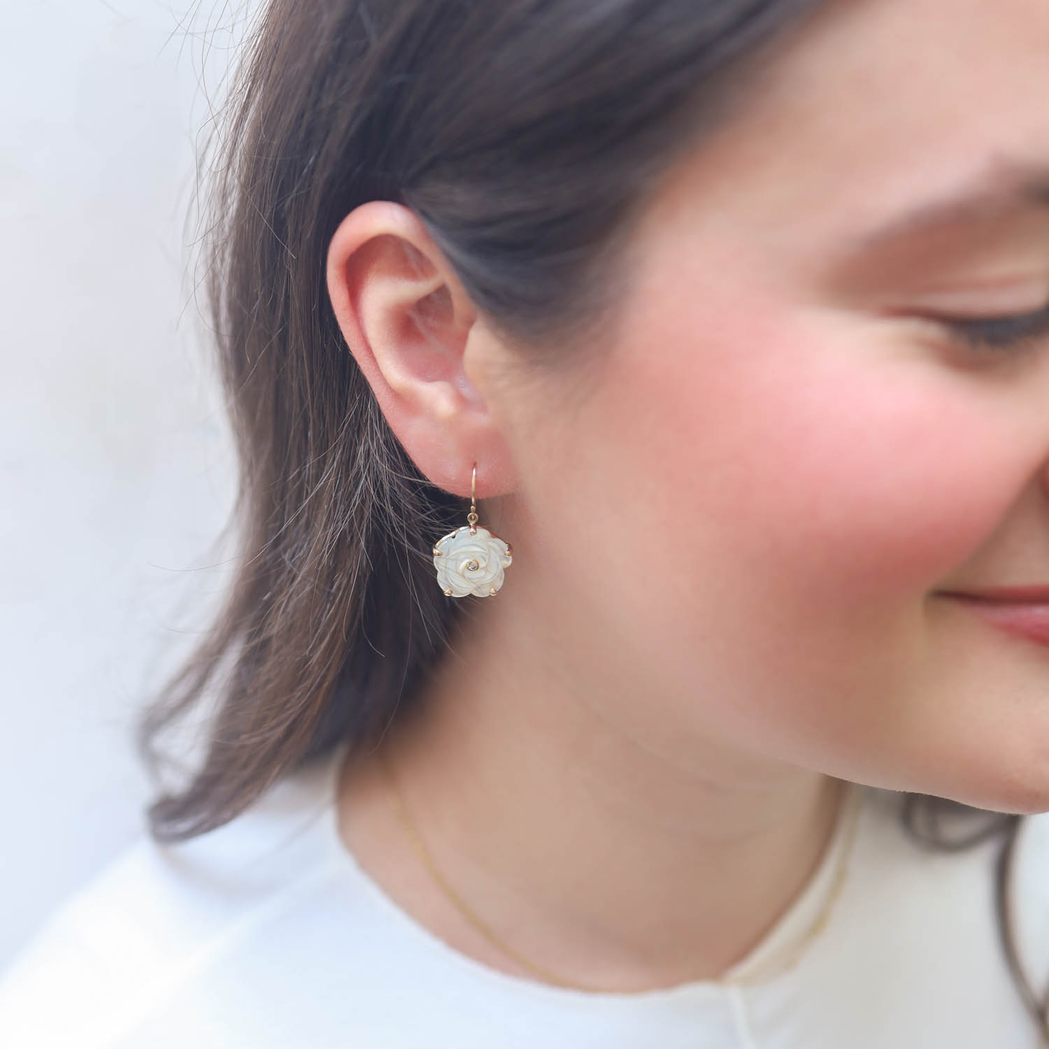 Jamie Joseph : 14K Gold Earrings w/ Hand Carved MOTHER OF PEARL Flower & .025 ct Diamond in Multi Prongs