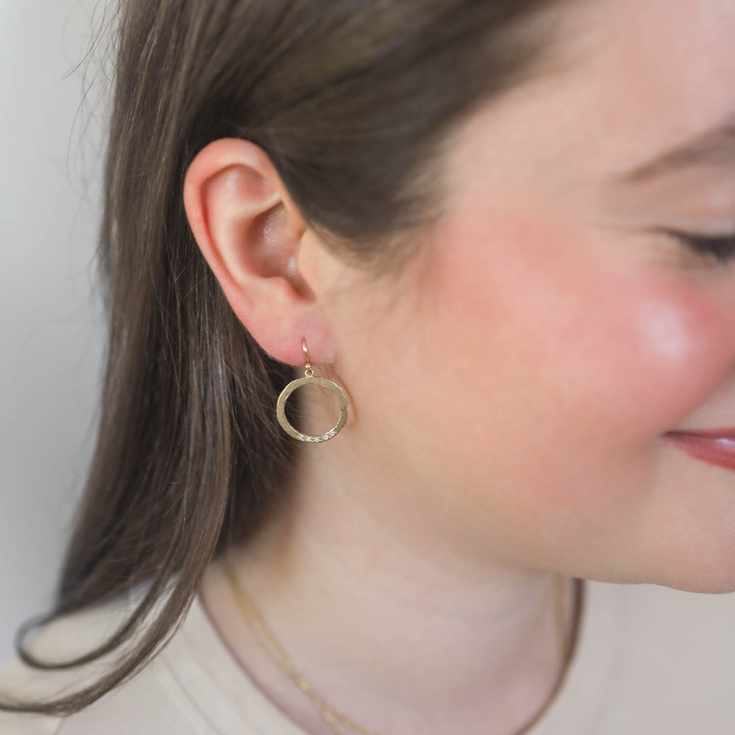 Victoria Cunningham Trunk Show: Earrings, 14k Yellow Gold,Small hoop with 5 diamonds