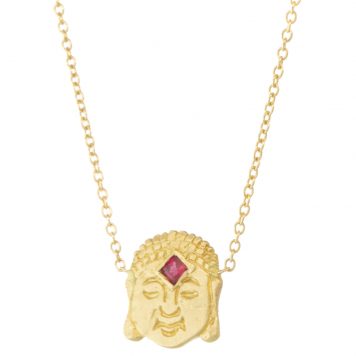 Victoria Cunningham Trunk Show: Necklace,14K Buddha and ruby, Pendant measures 9/16" x 3/8" including bail, Chain measures 16 1/2"