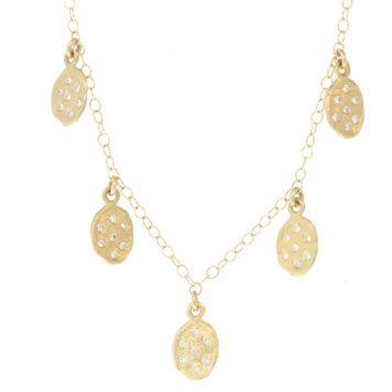 Victoria Cunningham: Necklace, Flakes, 5 Medium Golden Flakes, Diamonds, 14K Yellow Gold.