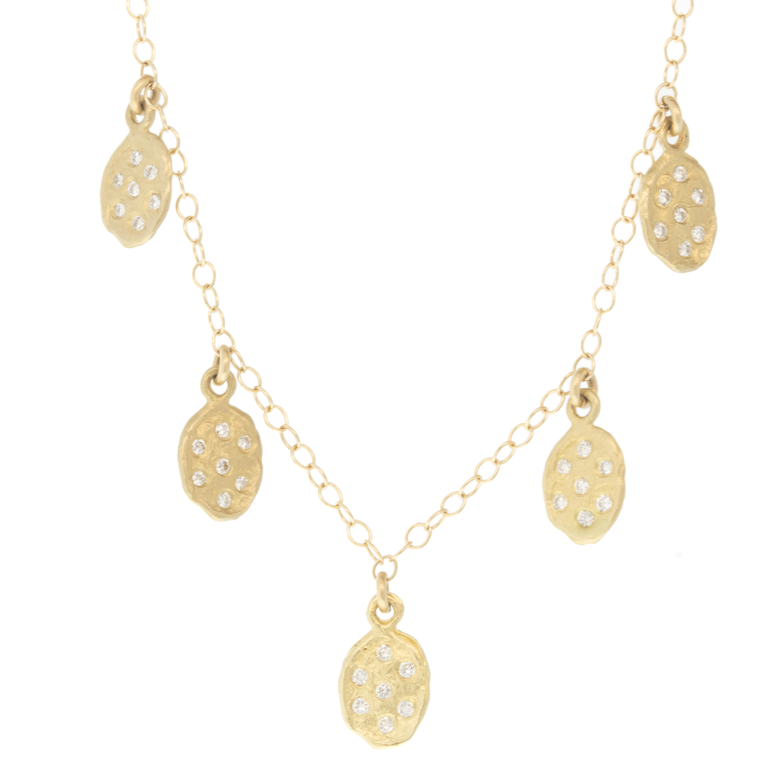 Victoria Cunningham: Necklace, Flakes, 5 Medium Golden Flakes, Diamonds, 14K Yellow Gold.