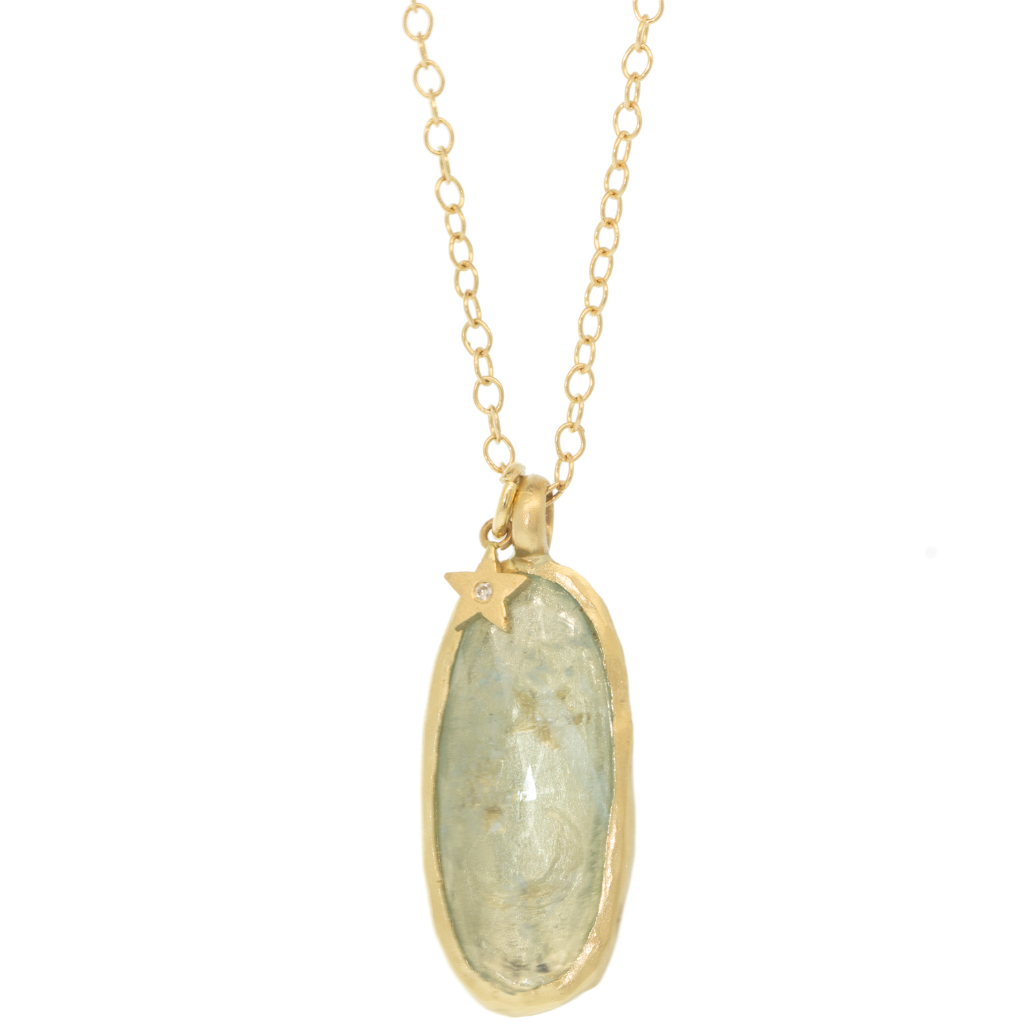 Victoria Cunningham Trunk Show: Necklace,4.8 ct aquamarine,14k moon and stars,Hanging star, 1 1/16" x 7/16" including bail, 18 1/2"