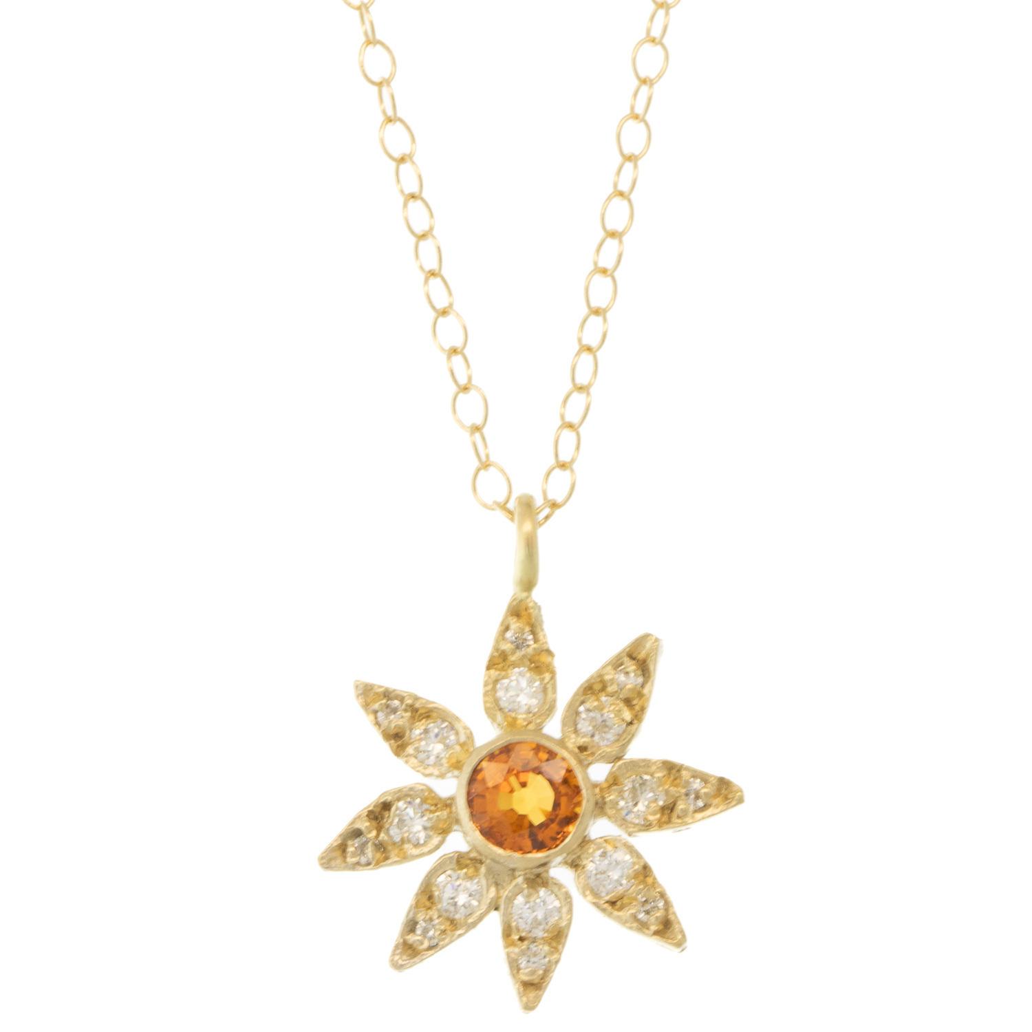 Victoria Cunningham Trunk Show : Necklace,14k Yellow Gold,Diamond pave daisy,.38ct Orange sapphire,Diamond .24tcw, 11/16" x 9/16" including bail, 16 3/4"