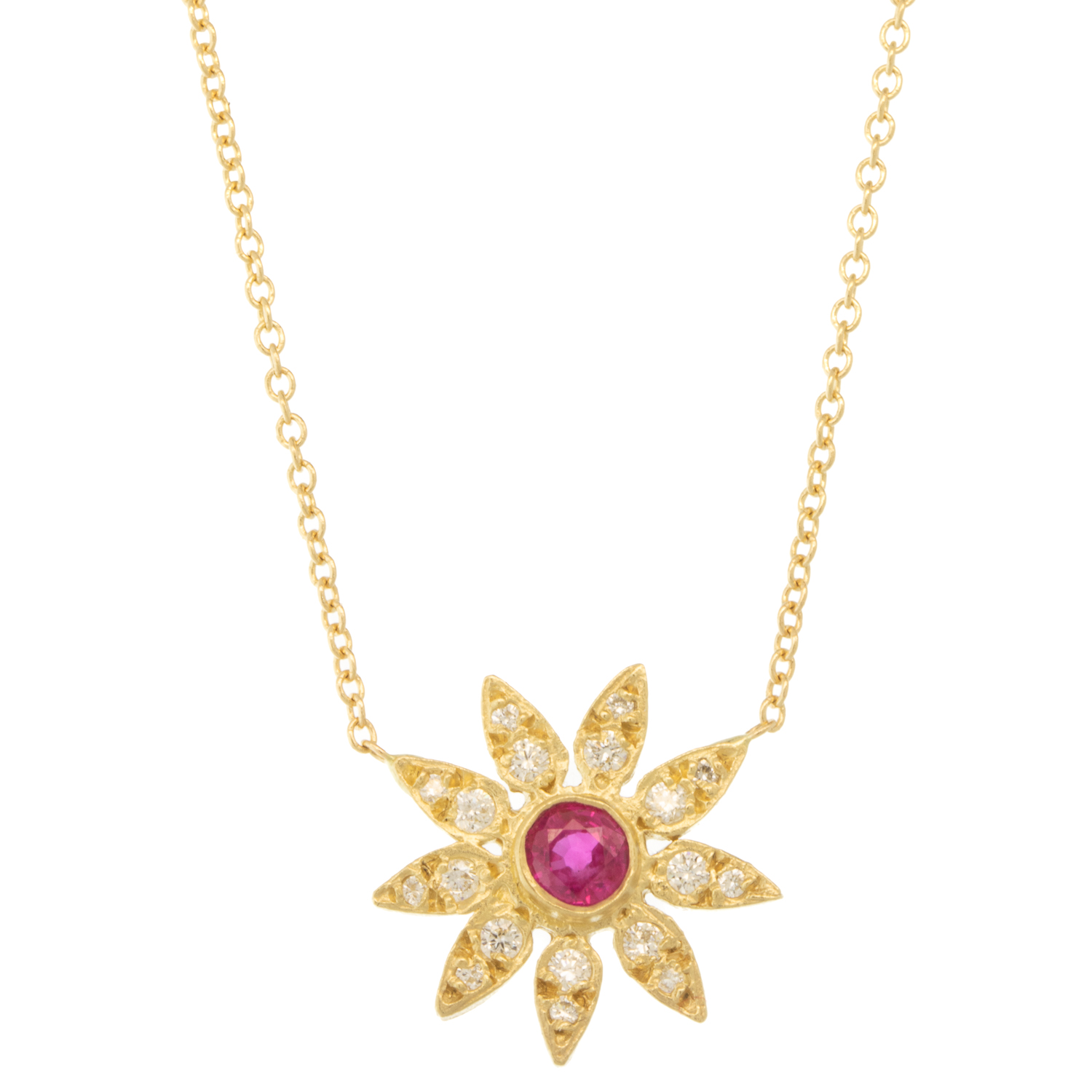 Victoria Cunningham Trunk Show : Necklace,14k Yellow Gold,Diamond pave daisy,.38ct pink sapphire