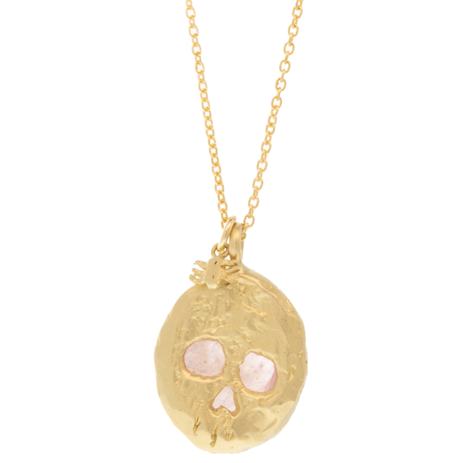 Victoria Cunningham Trunk Show: Necklace,7 ct pink sapphire,14k Skull & hanging spider, 7/8" x 9/16" including bail, 20"