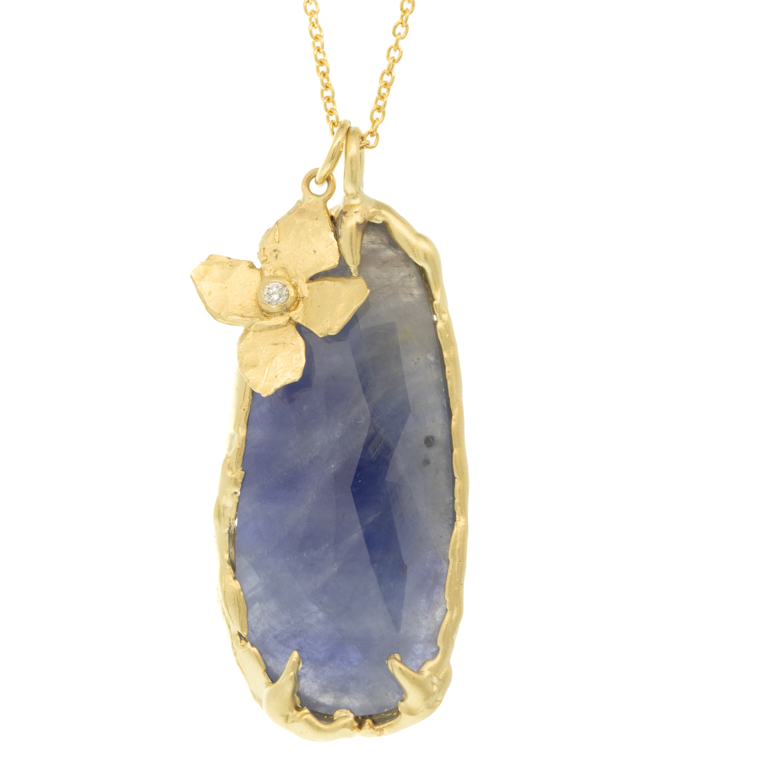 Victoria Cunningham Trunk Show: Necklace,17ct Sapphire and hanging flower, 1 5/8" x 5/8" including bail, 20"