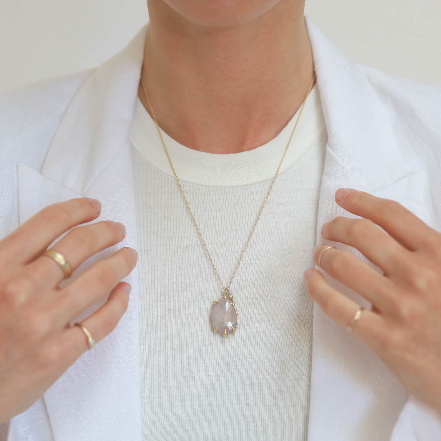 Victoria Cunningham Trunk Show: Necklace,18 ct Light pink sapphire and hanging diamond, 1 1/8" x 5/8" including bail, 20"