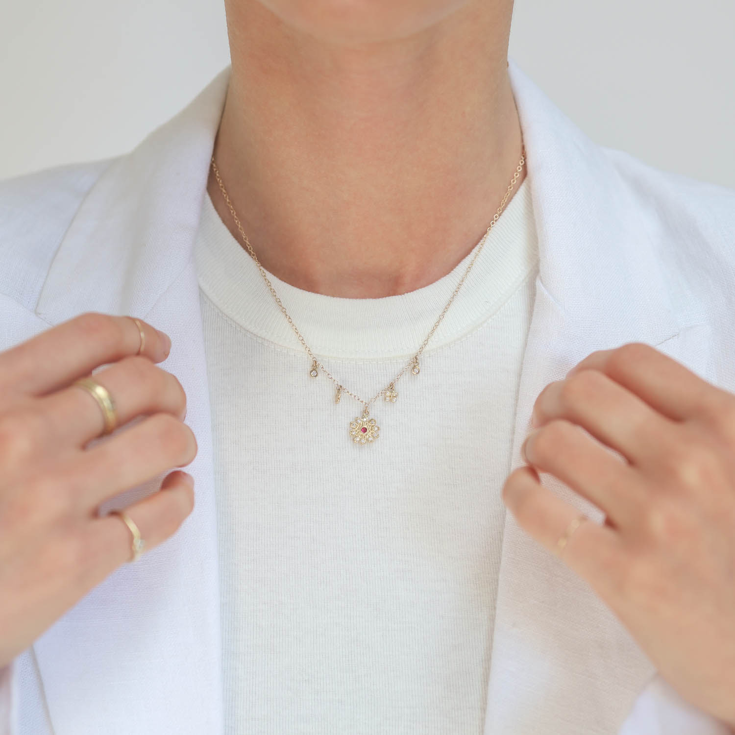 Victoria Cunningham Trunk Show : Necklace,14k Yellow Gold,Daisy.Butterflies,Pave petals