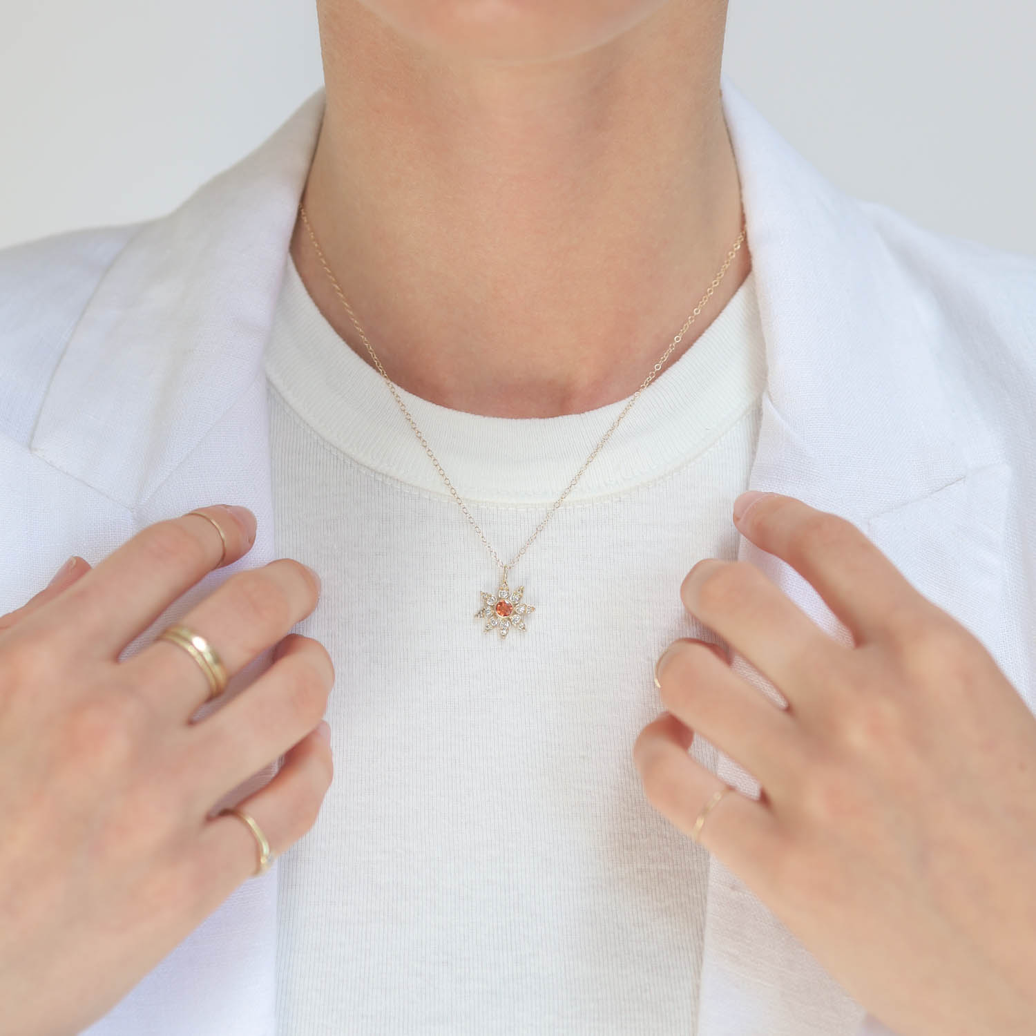Victoria Cunningham Trunk Show : Necklace,14k Yellow Gold,Diamond pave daisy,.38ct Orange sapphire,Diamond .24tcw, 11/16" x 9/16" including bail, 16 3/4"