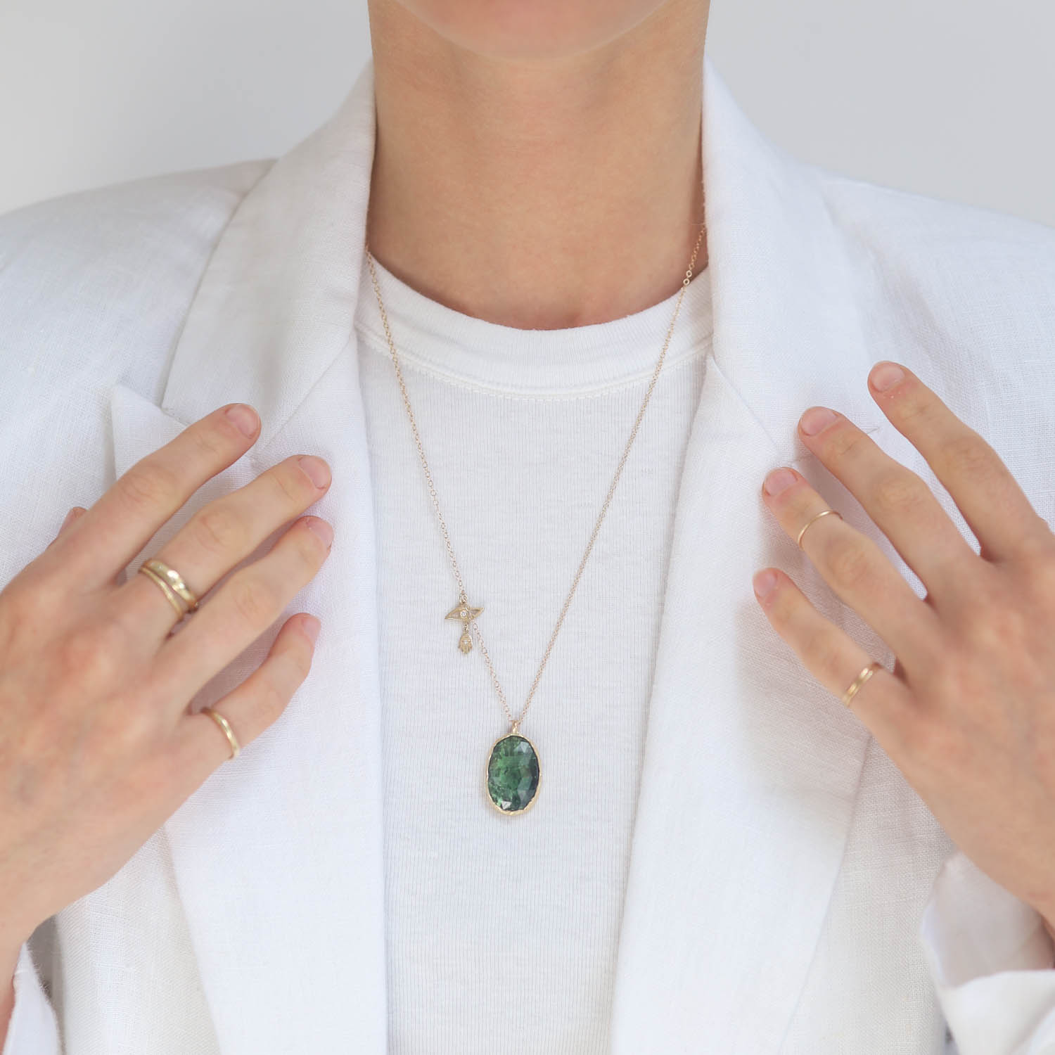 Victoria Cunningham Trunk Show: Necklace,11.5 ct Green tourmaline,14K ,Evil eye back & Eye and hamsa