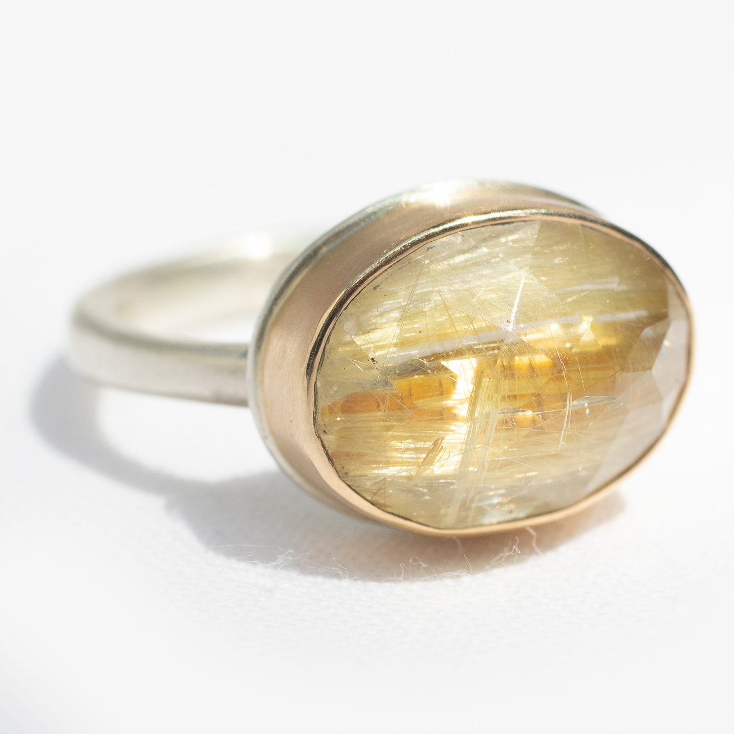 Jamie Joseph : Sterling & 14K Gold Ring w/ Small Oval Inverted GOLDEN RUTILATED QUARTZ on Egyptian Band,size 7.5