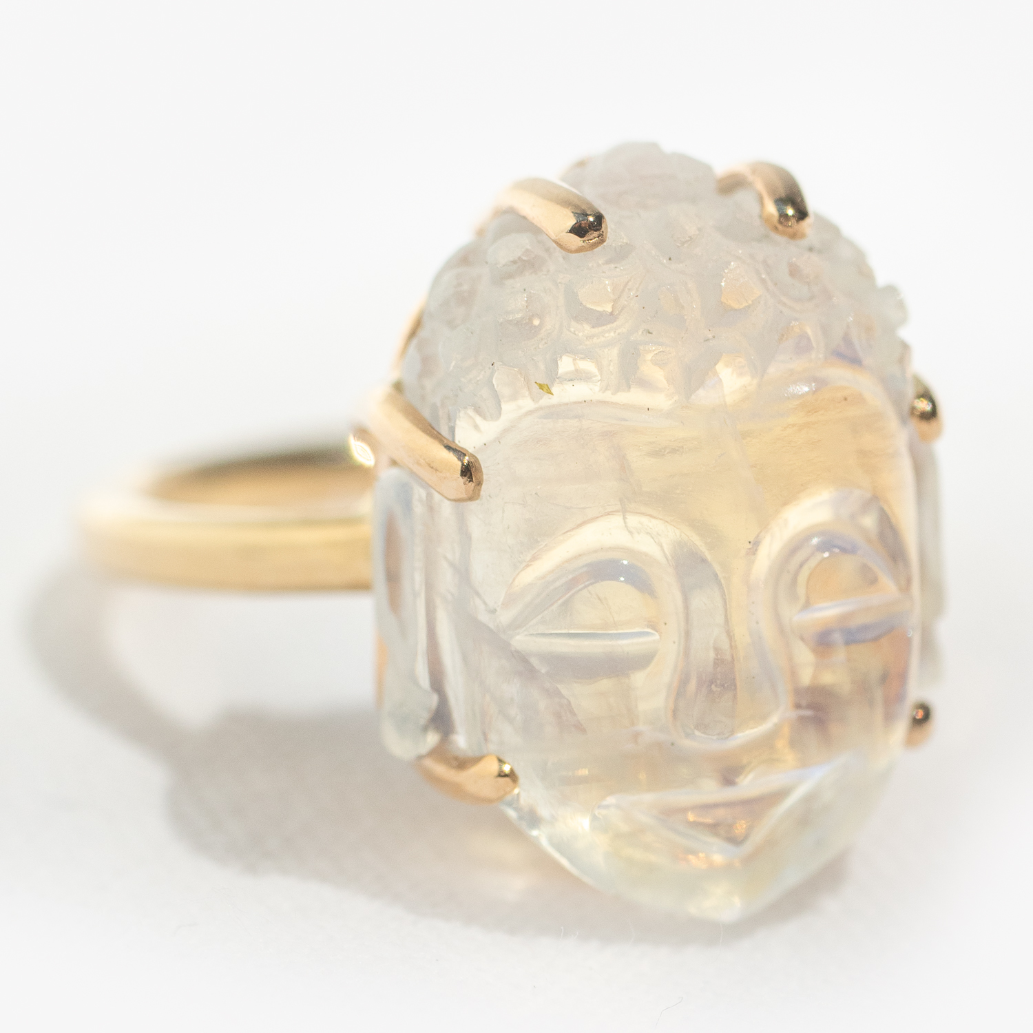 Jamie Joseph : 14K Gold Double Bearing Prong Ring w/ Hand Carved WHITE RAINBOW MOONSTONE Buddha on Sand Band,size 7