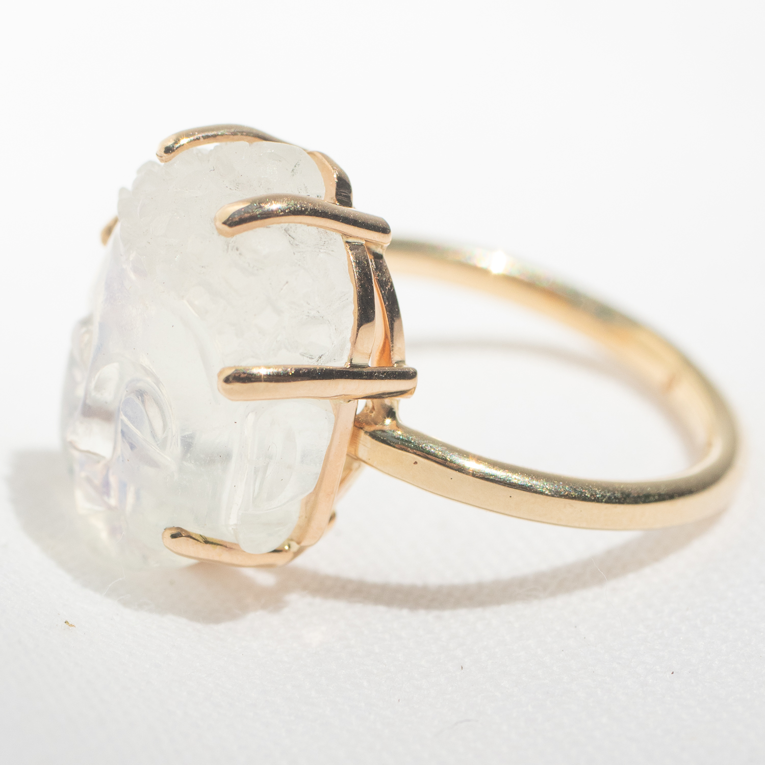 Jamie Joseph : 14K Gold Double Bearing Prong Ring w/ Hand Carved WHITE RAINBOW MOONSTONE Buddha on Sand Band,size 7