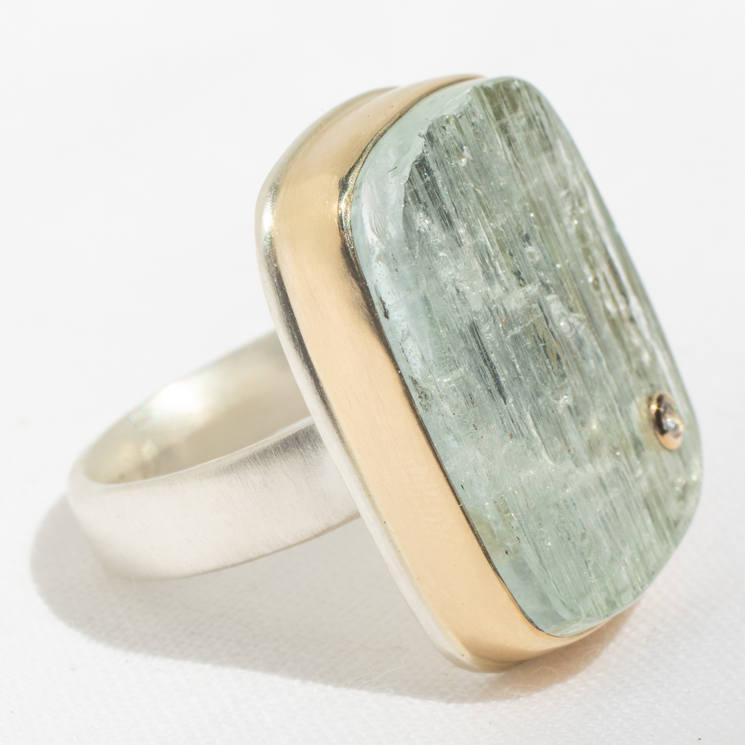 Jamie Joseph : Sterling & 14K Gold Ring w/ Vertical Rectangular Surface Cut AQUAMARINE & .03 ct Diamond on Comfort Band,size 8.5