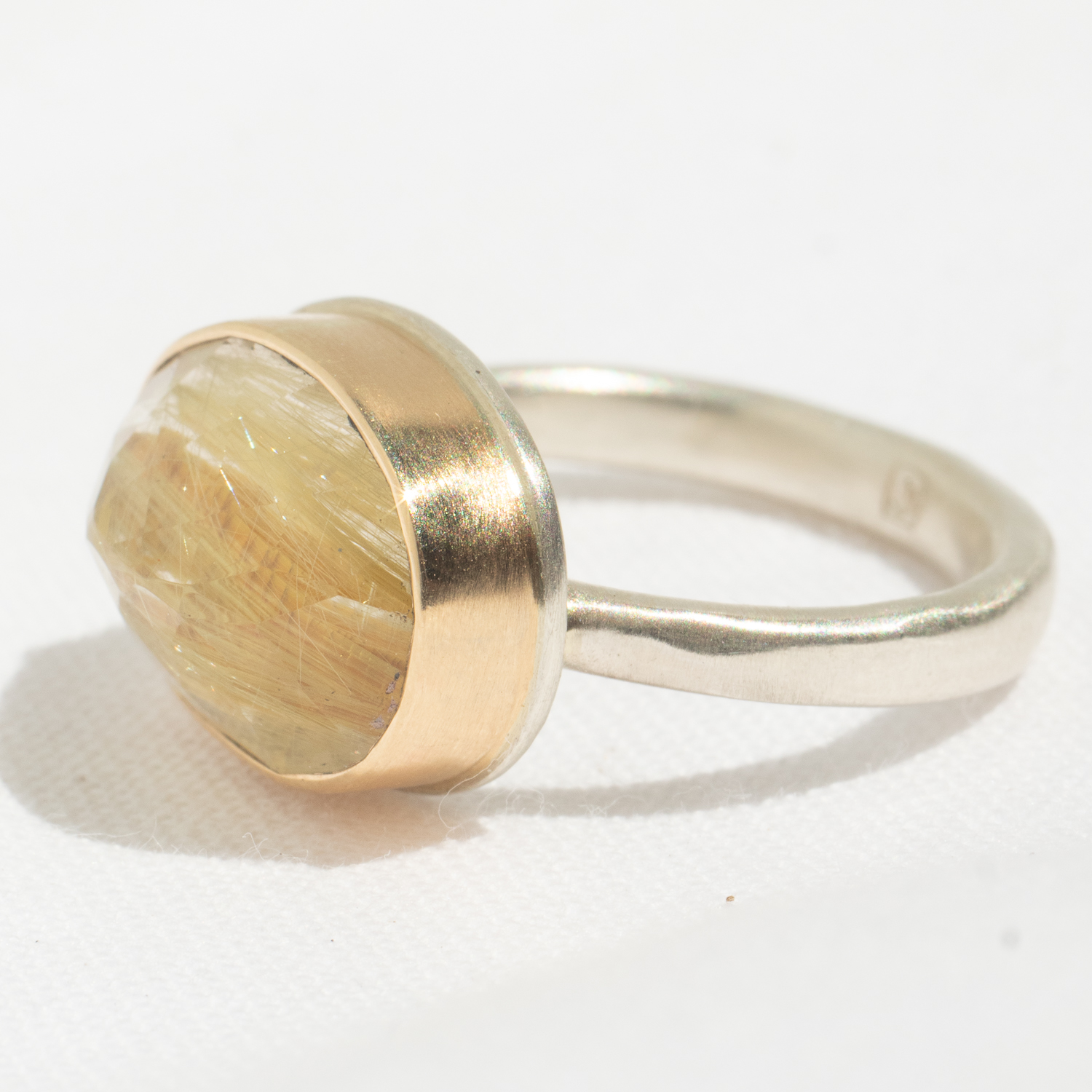 Jamie Joseph : Sterling & 14K Gold Ring w/ Small Oval Inverted GOLDEN RUTILATED QUARTZ on Egyptian Band,size 7.5