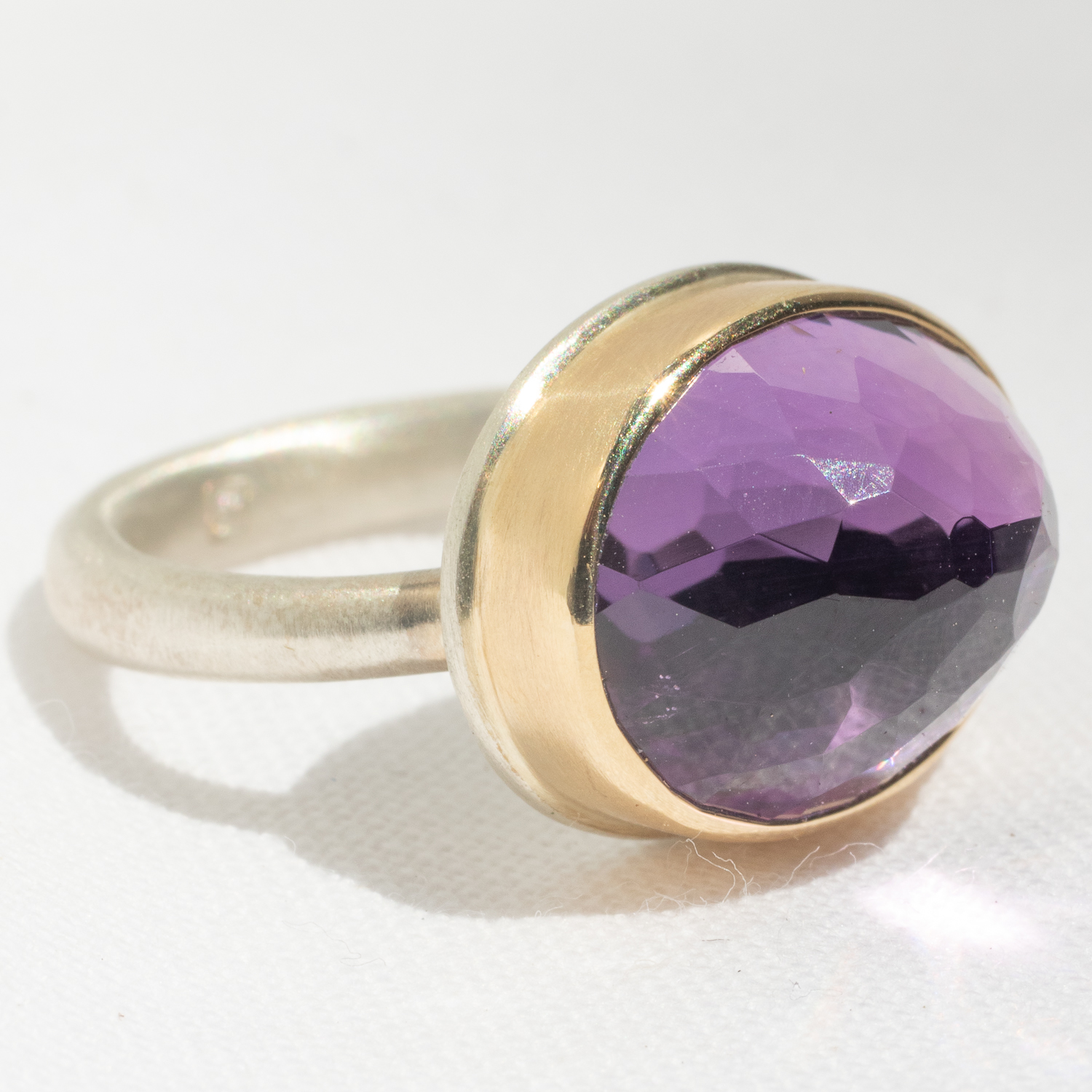 Jamie Joseph: Amethyst Sterling & 14K Gold Ring w/ Oval Inverted on Egyptian Band 1/2" x 5/8" size 7