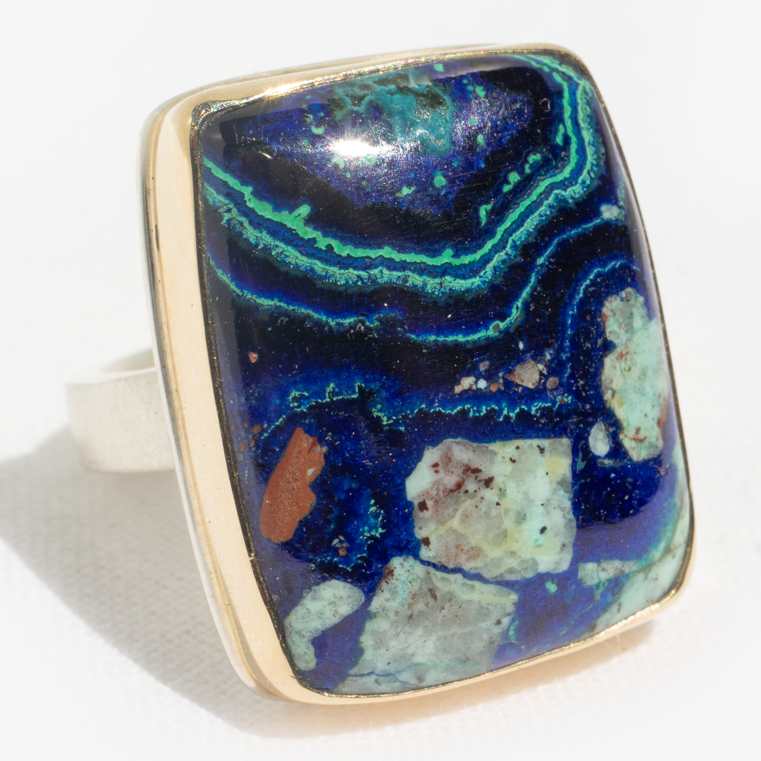 Jamie Joseph : Sterling & 14K Gold Ring w/ Vertical Rectangular CHRYSOCOLLA-AZURITE-MALACHITE on Y Band,size 7.75