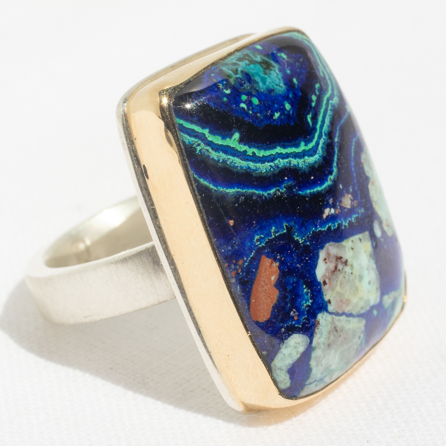 Jamie Joseph : Sterling & 14K Gold Ring w/ Vertical Rectangular CHRYSOCOLLA-AZURITE-MALACHITE on Y Band,size 7.75