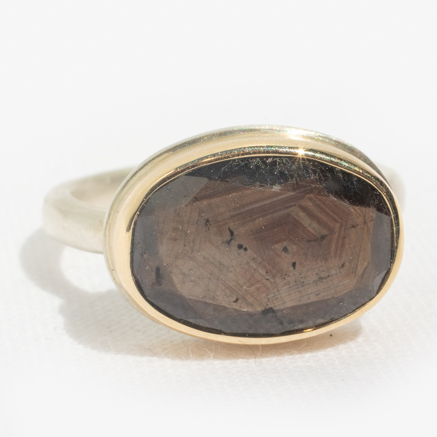 Jamie Joseph: BROWN SAPPHIRE Sterling & 14K Gold Ring w/ Small Oval Table up on Middle Organic Band