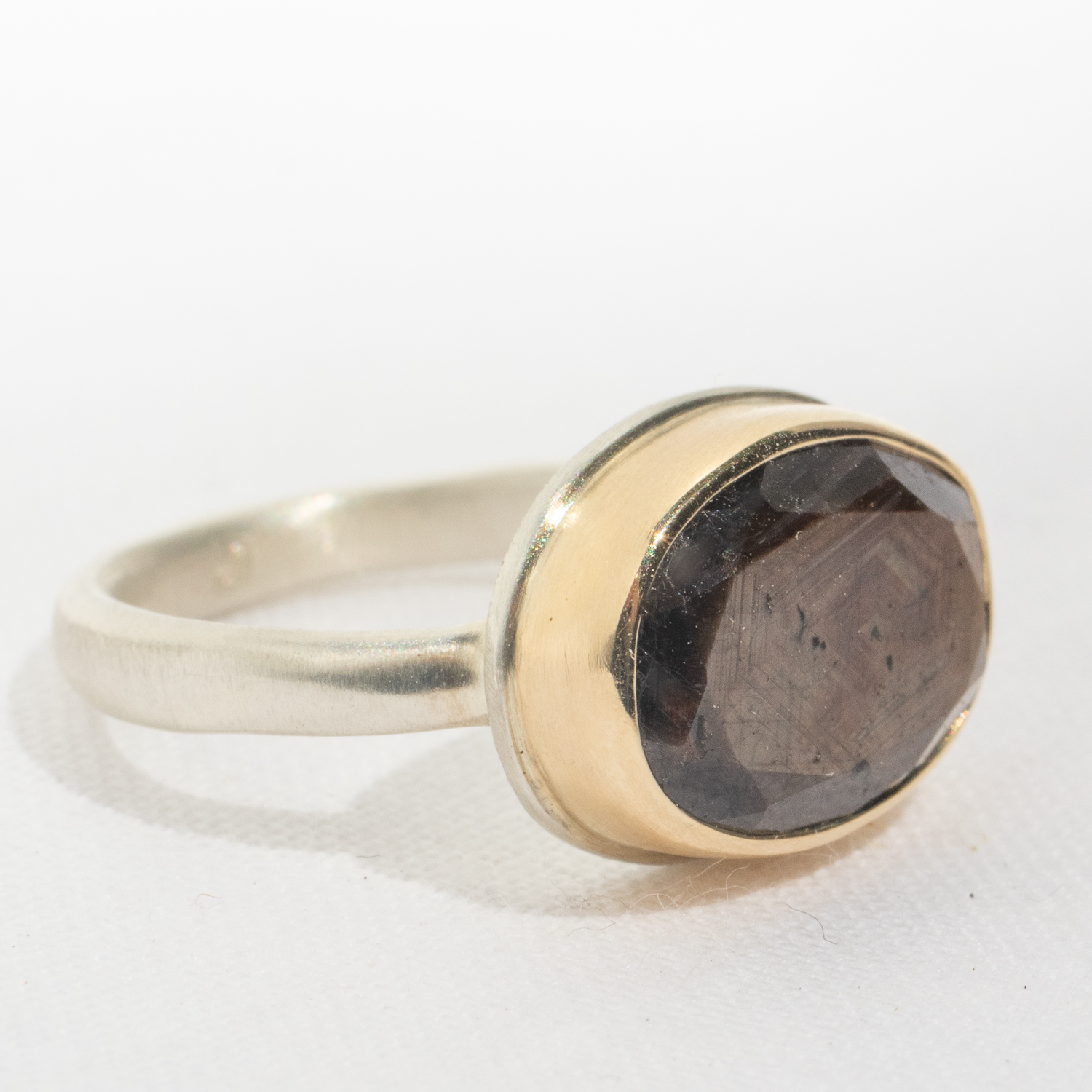 Jamie Joseph: BROWN SAPPHIRE Sterling & 14K Gold Ring w/ Small Oval Table up on Middle Organic Band