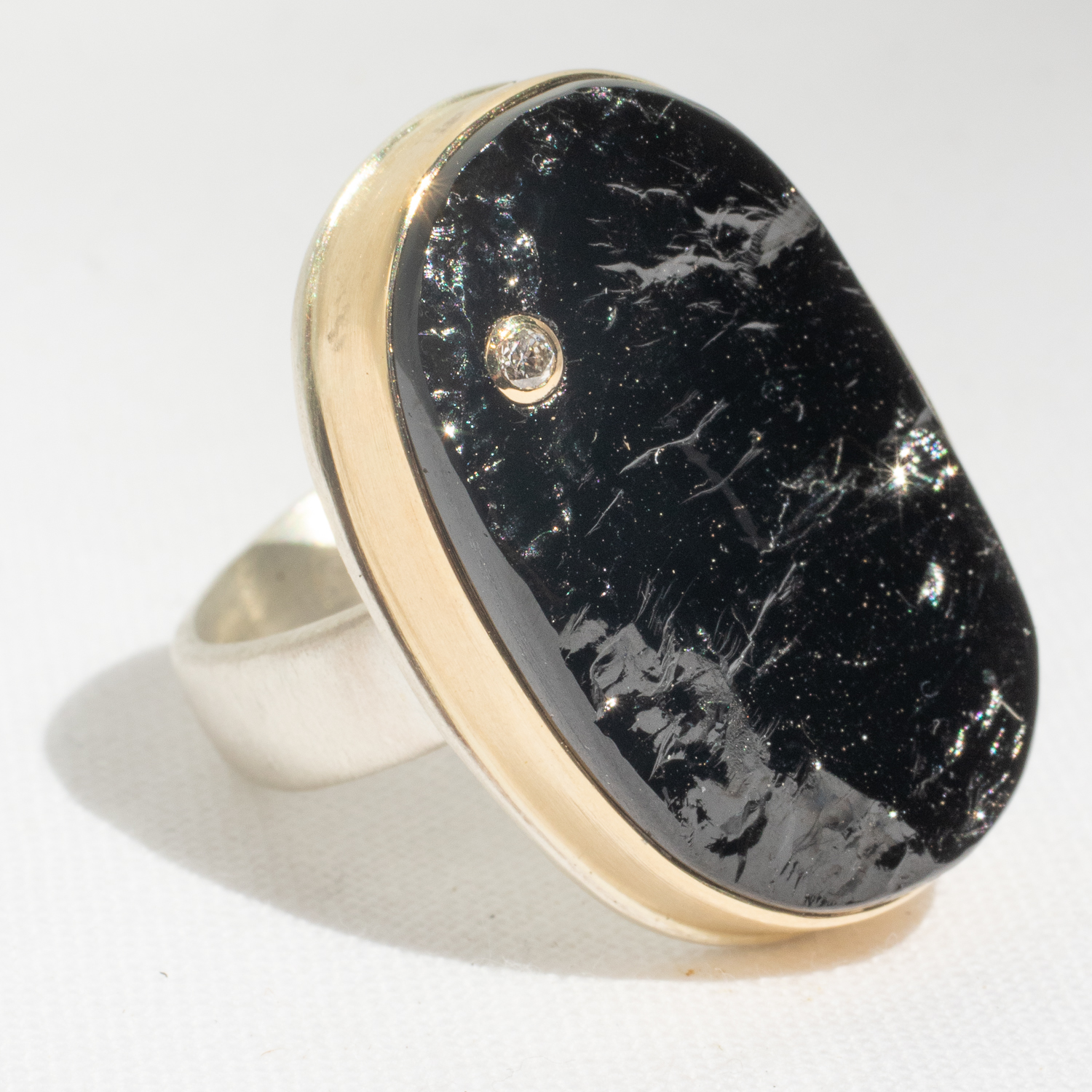 Jamie Joseph : Sterling & 14K Gold Ring w/ Vertical Oval Surface BLACK TOURMALINE & .03 ct Diamond on Comfort Band,size 8.5