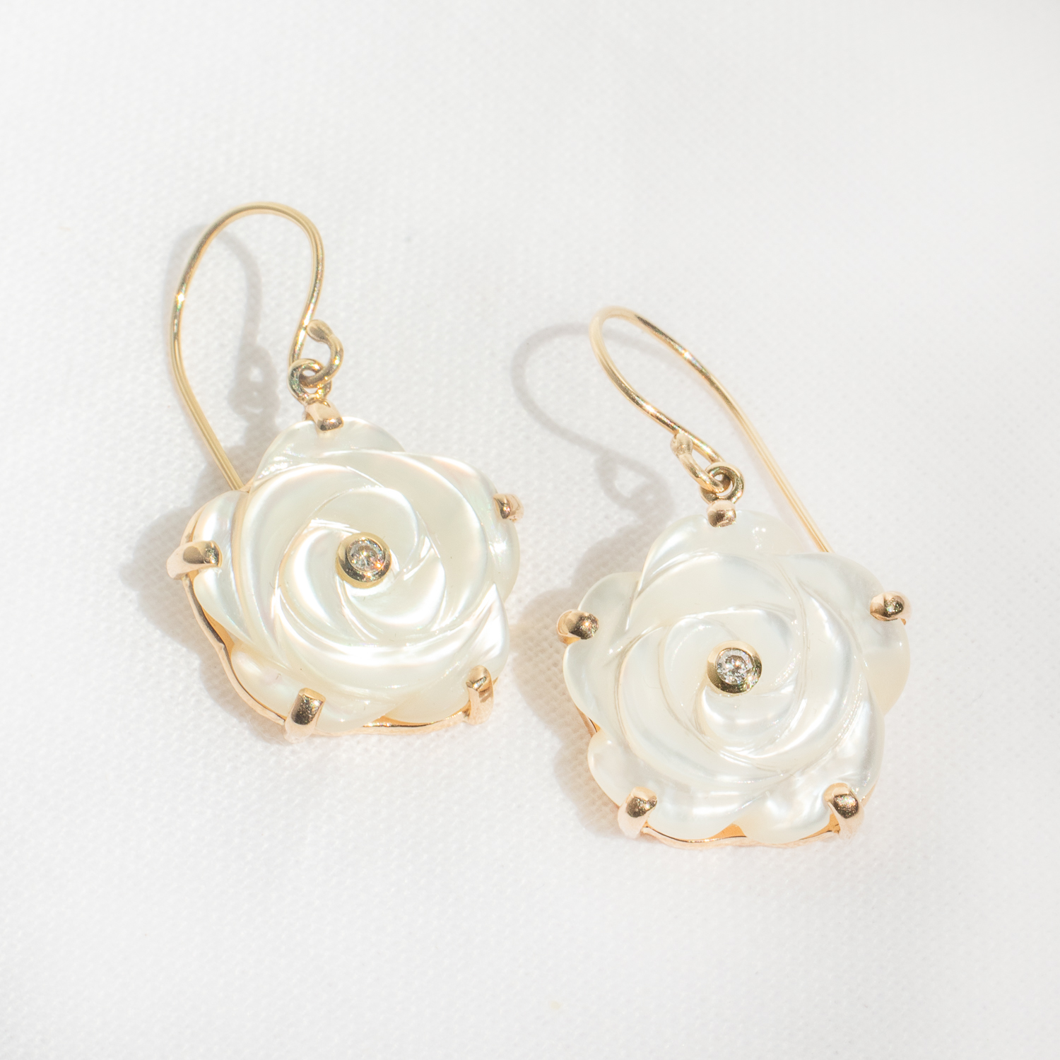 Jamie Joseph : 14K Gold Earrings w/ Hand Carved MOTHER OF PEARL Flower & .025 ct Diamond in Multi Prongs