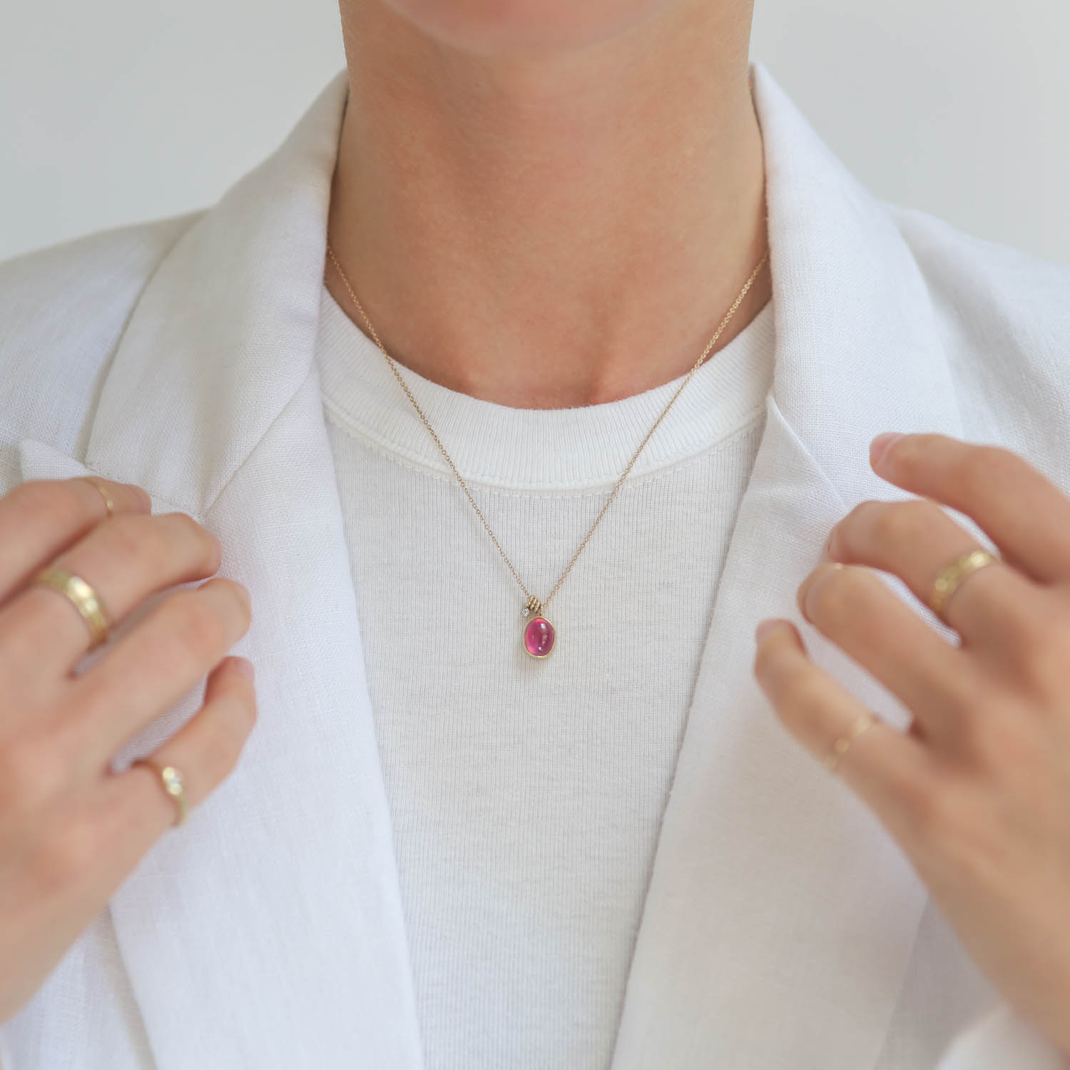 Jamie Joseph : Sterling & 14K Gold Chain Necklace w/ Oval Smooth AFRICAN RUBY in Sterling Backed Gold Bezel w/ .025 ct Diamond Accent & Sliding Rings (17.5")