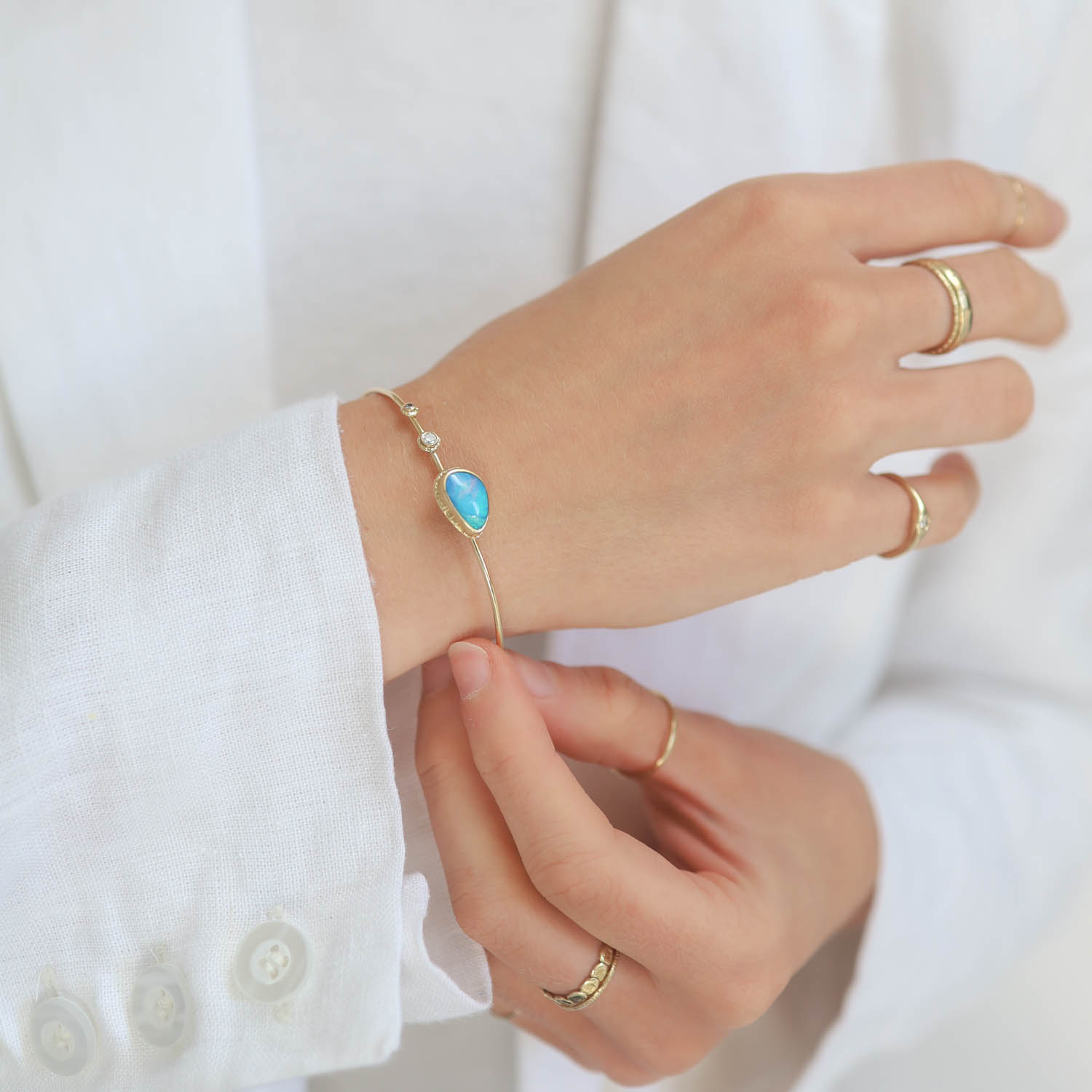 Jamie Joseph : 14K Gold Bracelet w/ Asymmetrical AUSTRALIAN OPAL on Ruffled Platform w/ Two Diamond Accents (0.085 TCW)