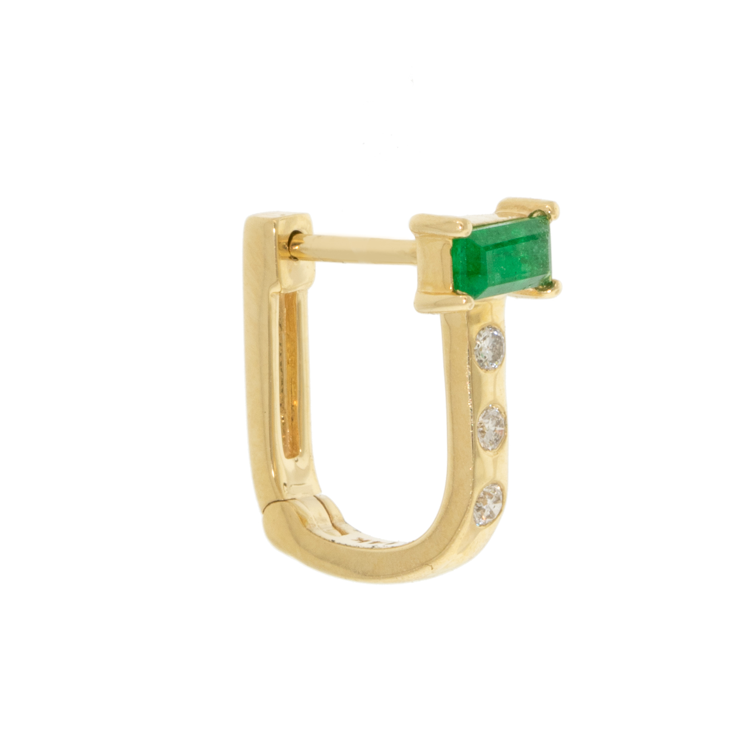 Three Stories Jewelry: SINGLE Emerald Classic Baguette Small Cushion Hoop, 0.3TCW Dia, 2.43 ct, Emerald