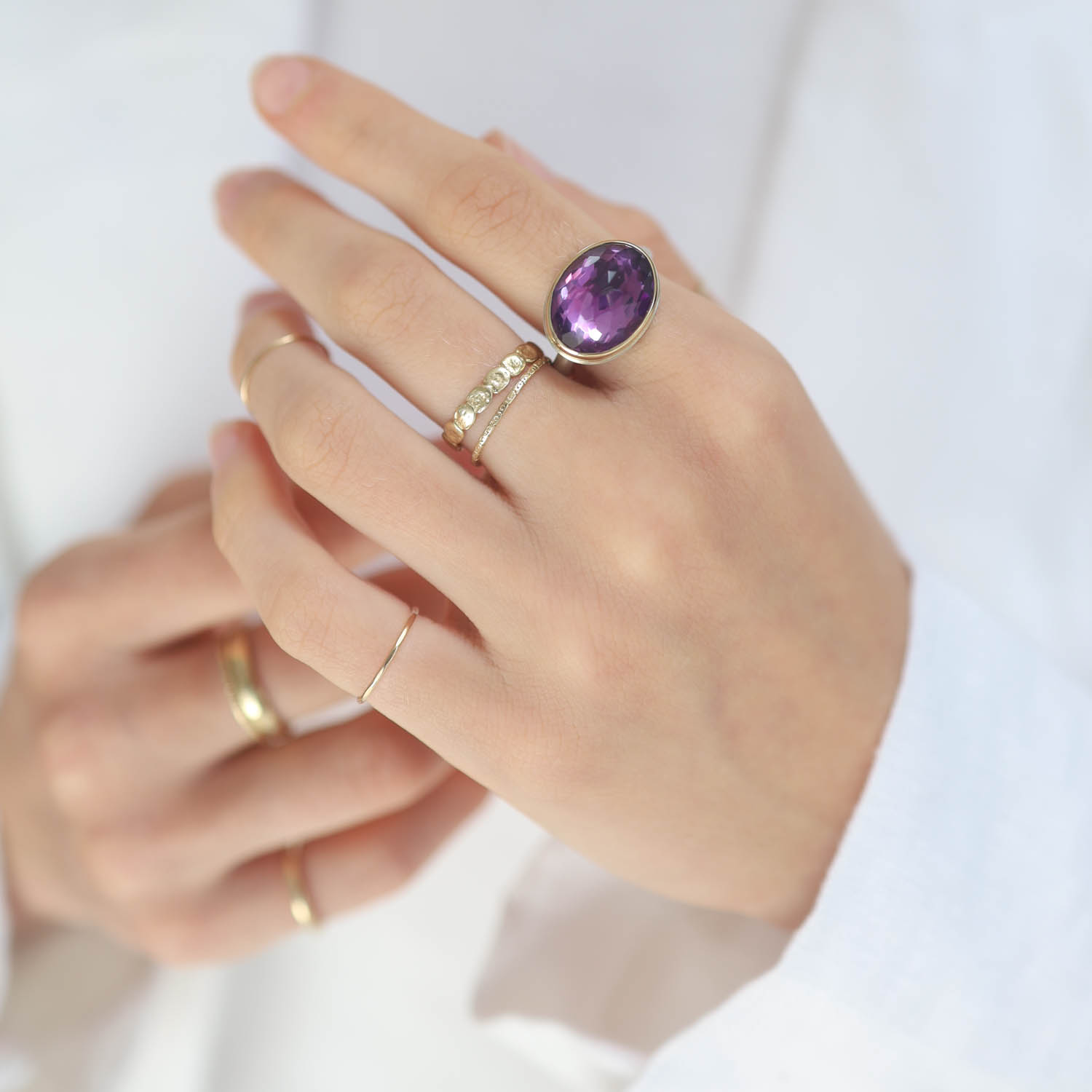Jamie Joseph: Amethyst Sterling & 14K Gold Ring w/ Oval Inverted on Egyptian Band 1/2" x 5/8" size 7