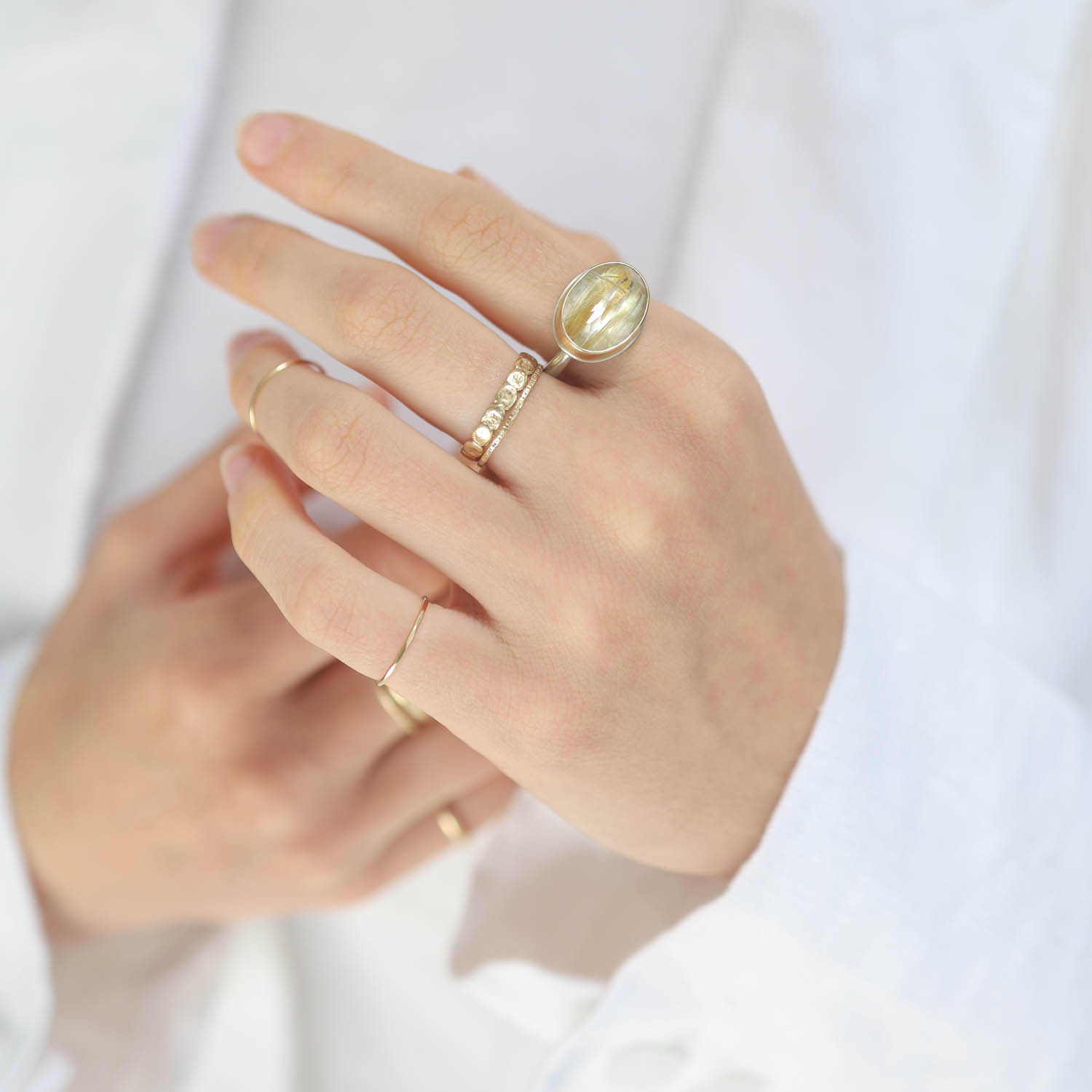 Jamie Joseph : Sterling & 14K Gold Ring w/ Small Oval Inverted GOLDEN RUTILATED QUARTZ on Egyptian Band,size 7.5