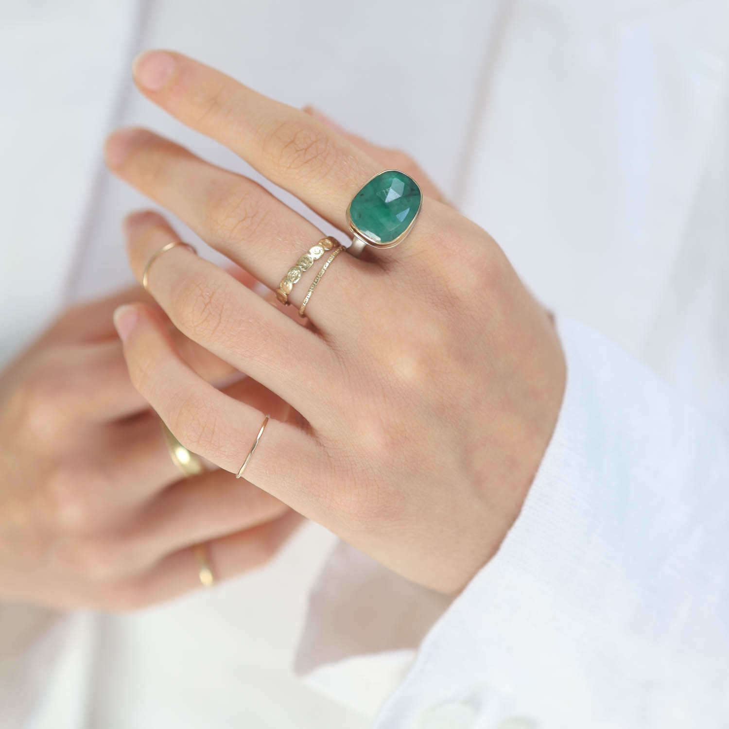 Jamie Joseph: EMERALD Sterling & 14K Gold Ring w/ Small Asymmetrical Rose Cut on Eroded Live Edge Band 1/2" x 5/8" size 7 1/2