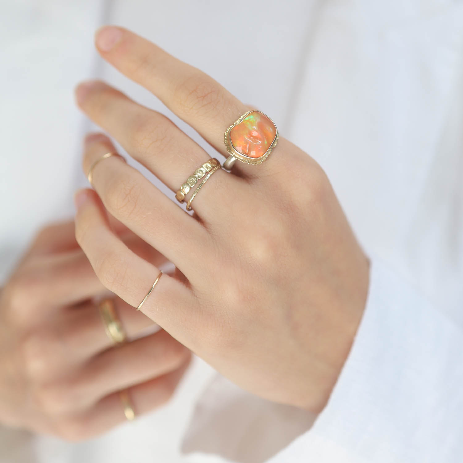 Jamie Joseph : Sterling & 14K Gold Ring w/ Asymmetrical MEXICAN FIRE OPAL on Ruffled Platform and Egyptian Band,size 6.75