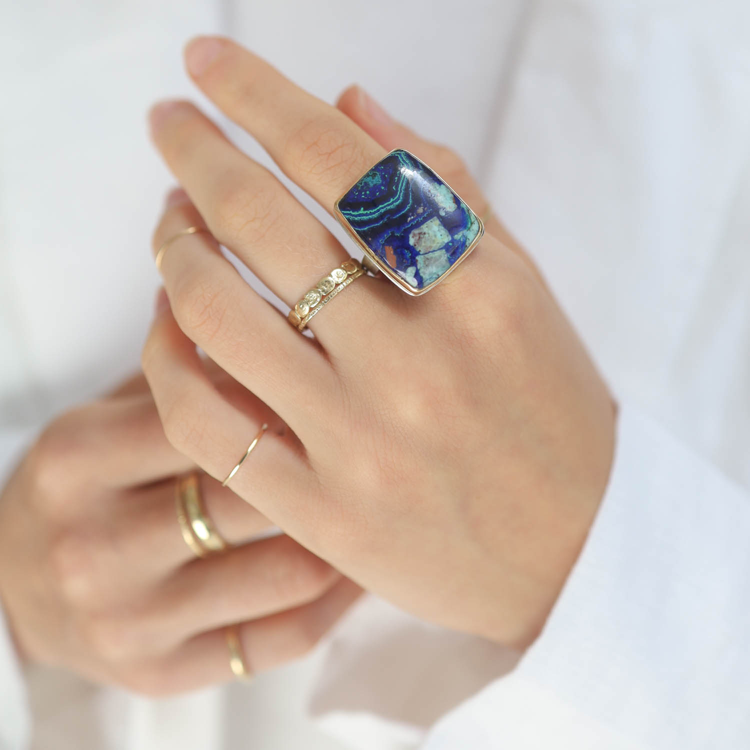 Jamie Joseph : Sterling & 14K Gold Ring w/ Vertical Rectangular CHRYSOCOLLA-AZURITE-MALACHITE on Y Band,size 7.75