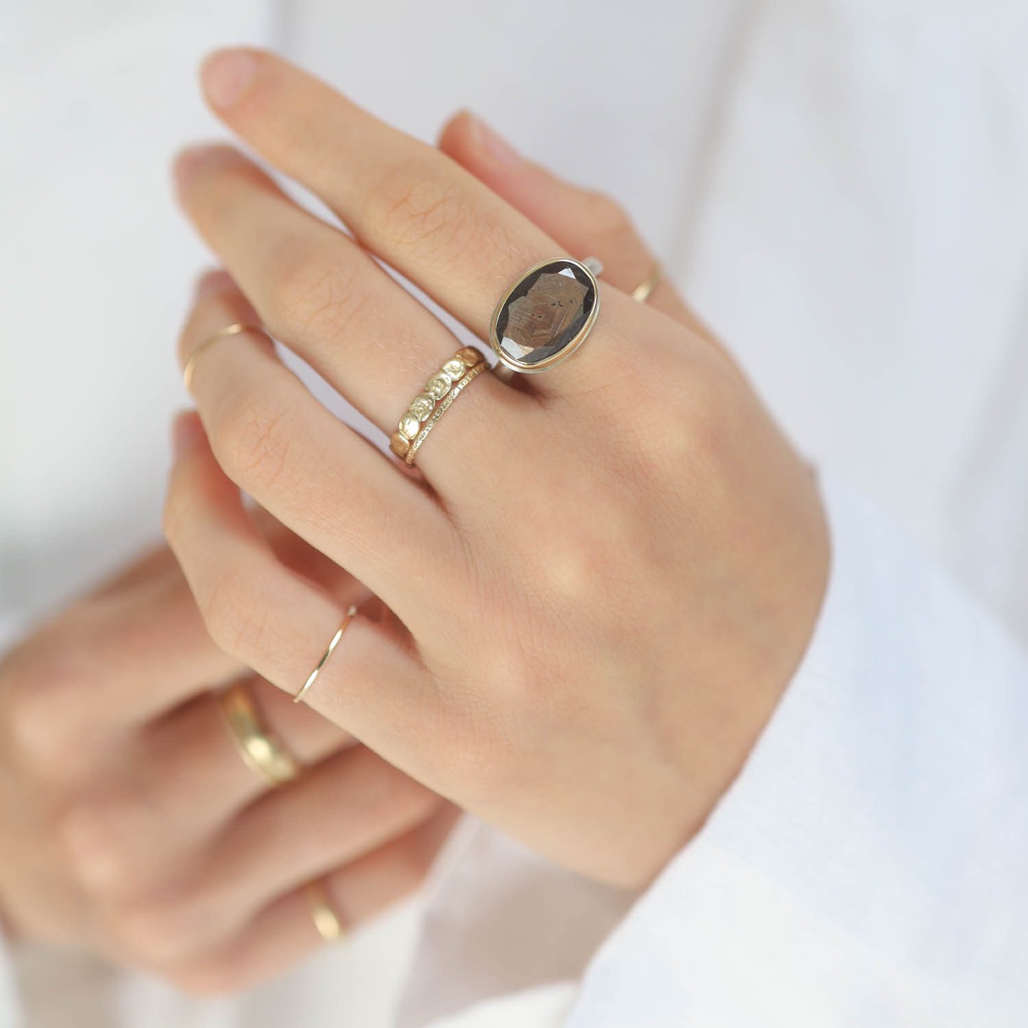 Jamie Joseph: BROWN SAPPHIRE Sterling & 14K Gold Ring w/ Small Oval Table up on Middle Organic Band